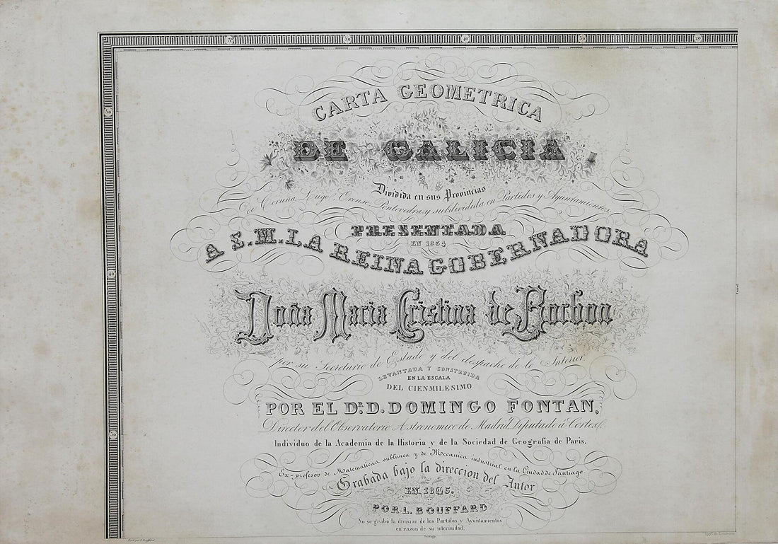 This old map of Geometric Chart of Galicia: Divided Into the Provinces of La Coruña, Lugo, Orense, and Pontevedra; and Subdivided by Judicial Districts and Town Councils. (Carta Geométrica De Galicia Dividida En Sus Provincias De Coruña, Lugo, Orense,