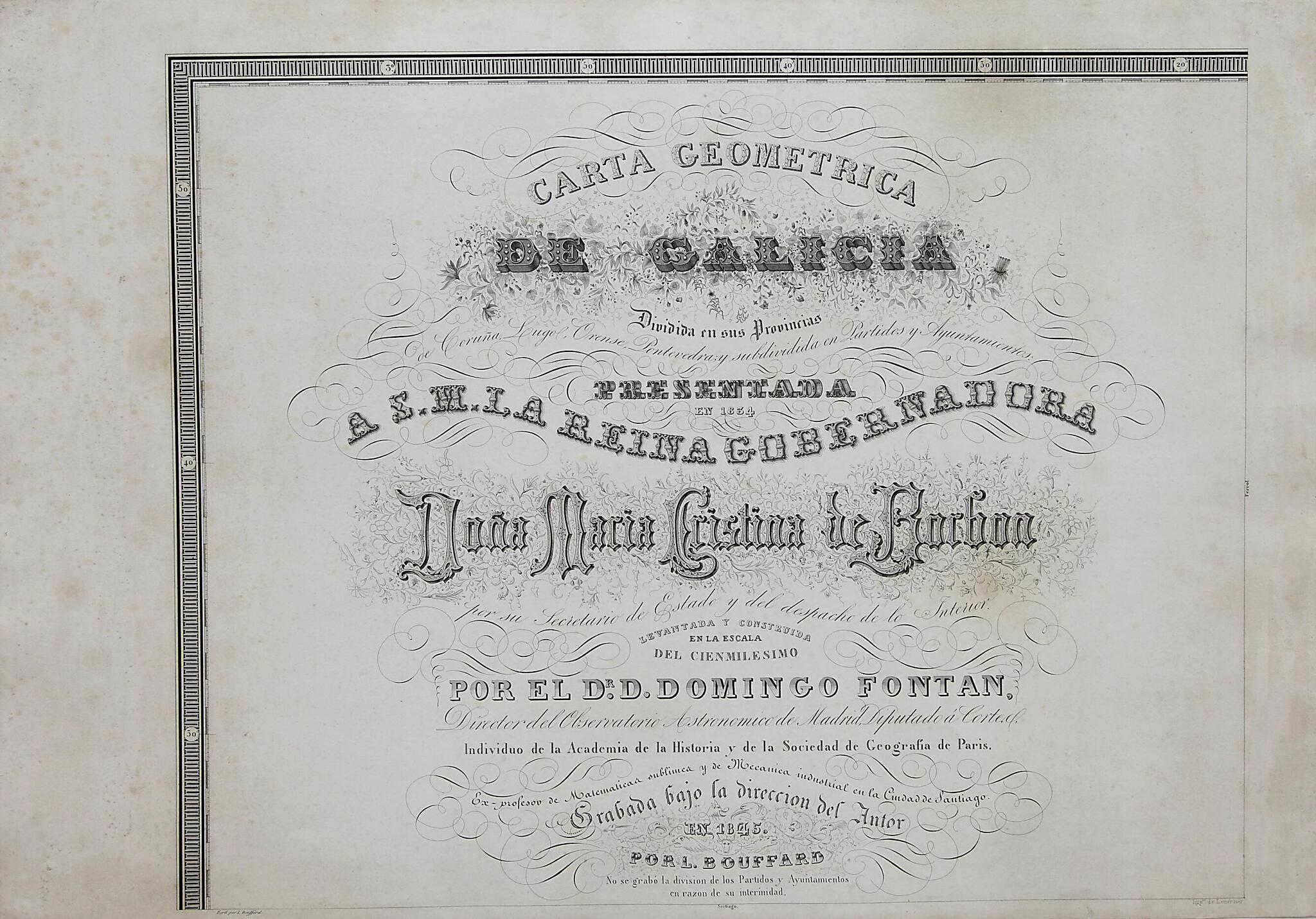 This old map of Geometric Chart of Galicia: Divided Into the Provinces of La Coruña, Lugo, Orense, and Pontevedra; and Subdivided by Judicial Districts and Town Councils. (Carta Geométrica De Galicia Dividida En Sus Provincias De Coruña, Lugo, Orense,