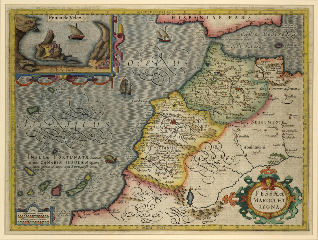 This old map of Fez and the Kingdom of Morocco. (Fessæ Et Marocchi Regna) from 1606 was created by Jodocus Hondius, Gerhard Mercator in 1606