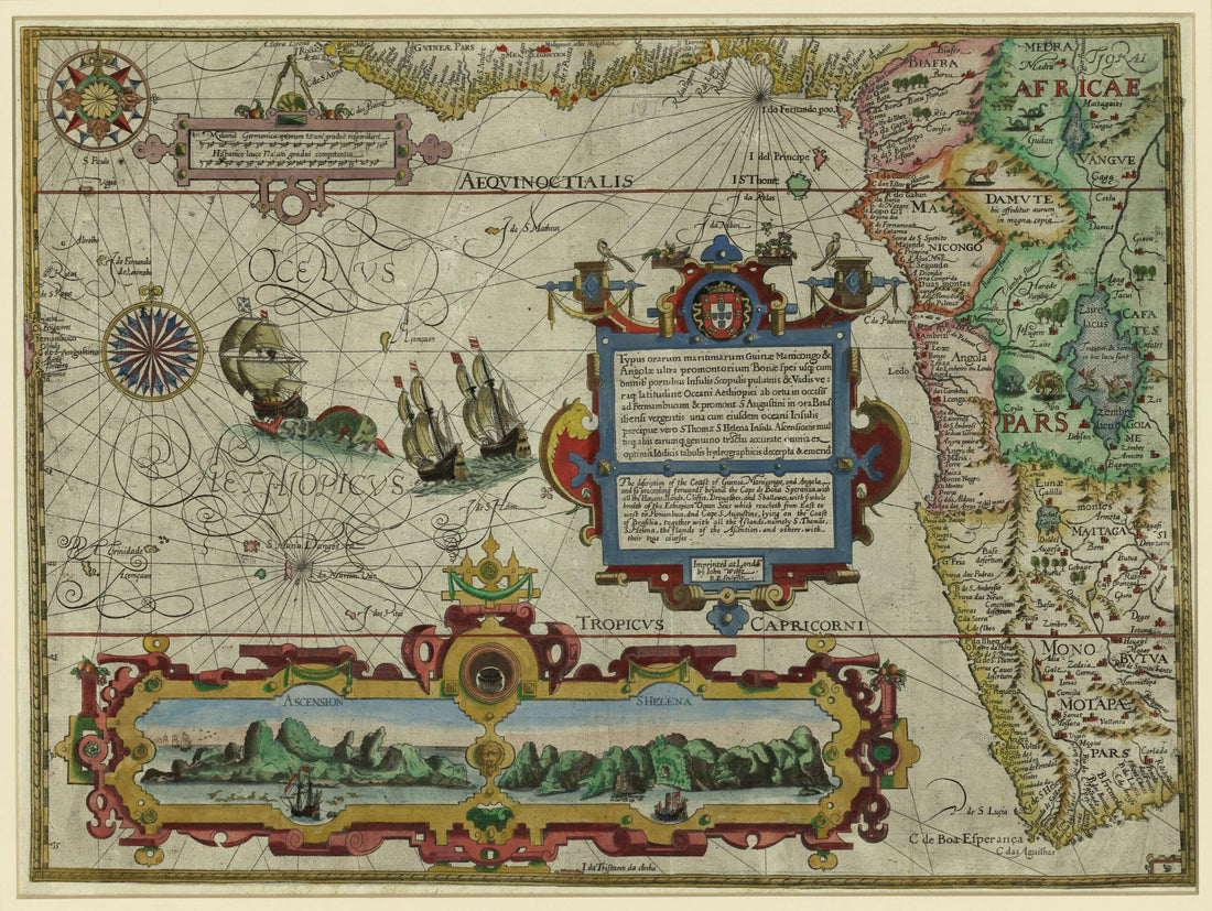 This old map of The Description of the Coast of Guinea, Manicongo, and Angola, and So Proceeding Forwards Beyond the Cape of Good Hope, With All the Harbors, Islands, Cliffs, Sandbars, and Shallows. (Typus Orarum Maritimarum Guineae, Manicongo, & Angôla