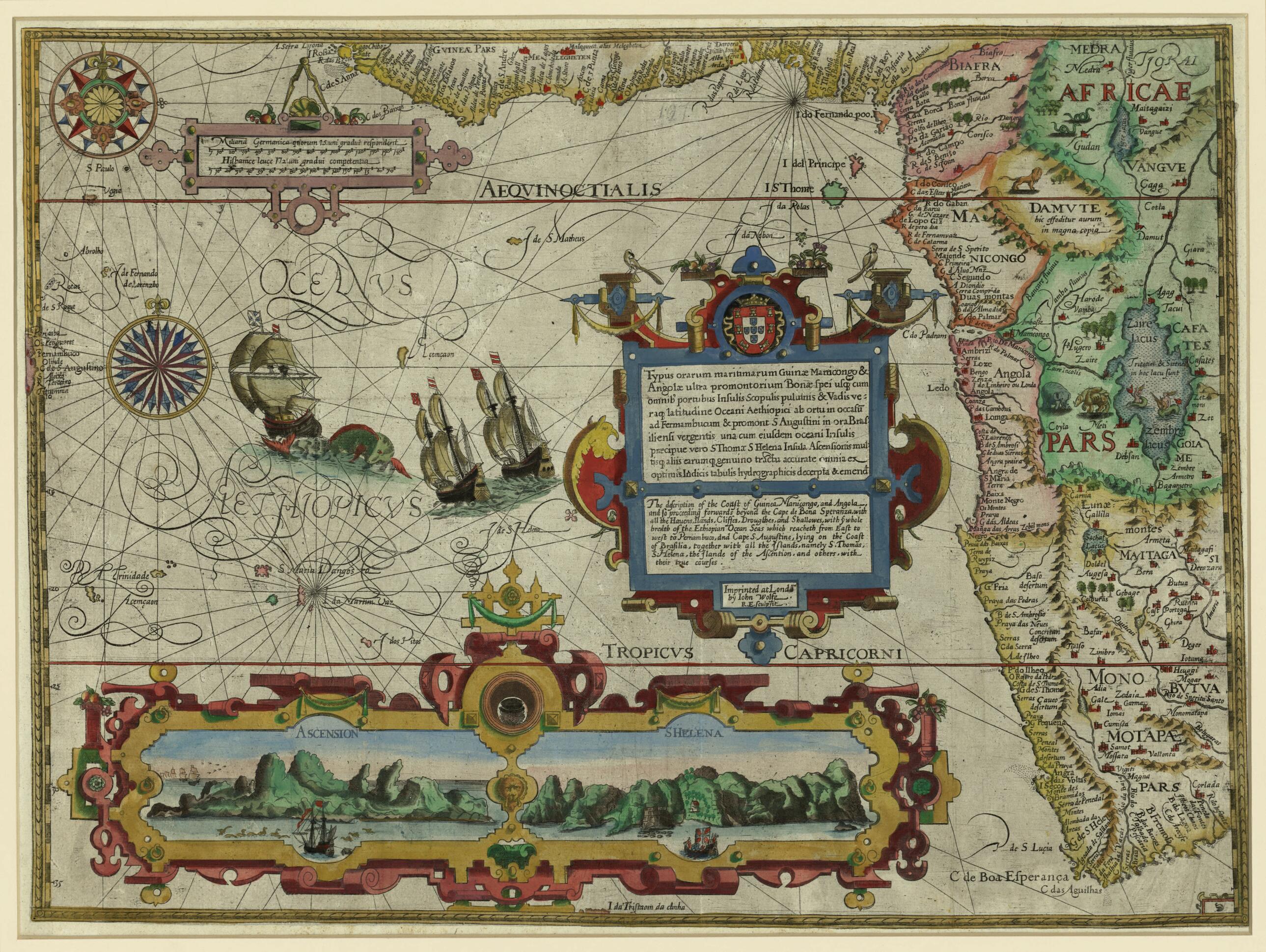 This old map of The Description of the Coast of Guinea, Manicongo, and Angola, and So Proceeding Forwards Beyond the Cape of Good Hope, With All the Harbors, Islands, Cliffs, Sandbars, and Shallows. (Typus Orarum Maritimarum Guineae, Manicongo, & Angôla