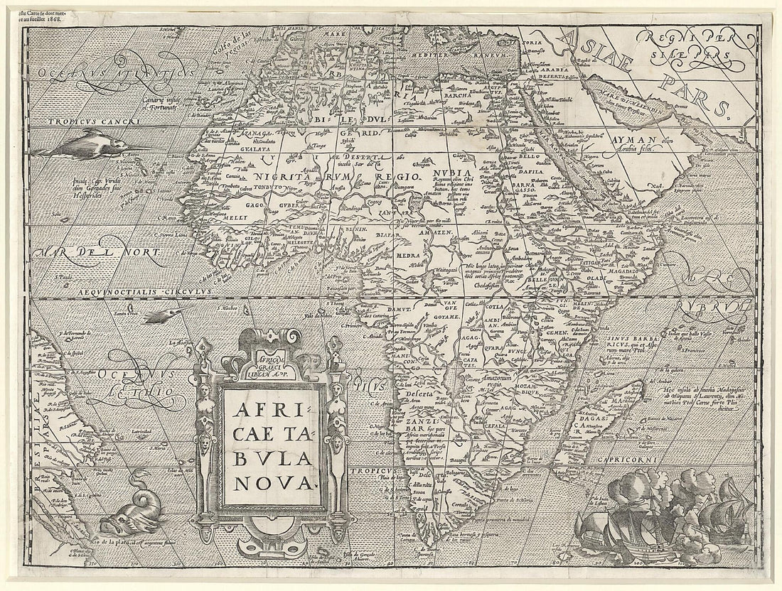 This old map of New Map of Africa. (Africae Tabvla Nova) from 1575 was created by Giacomo Gastaldi, Franz Hogenberg, Gerhard Mercator, Abraham Ortelius in 1575