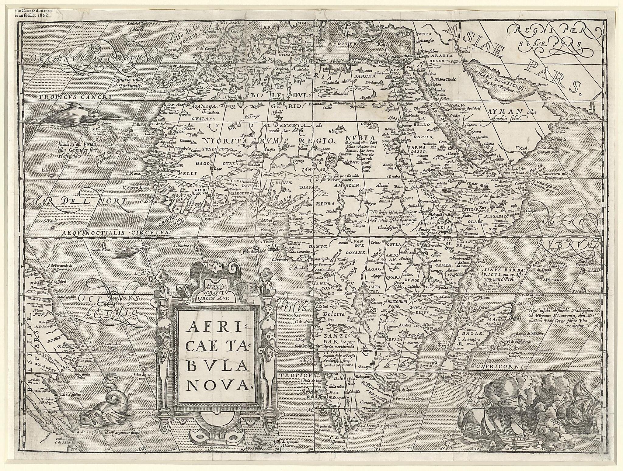 This old map of New Map of Africa. (Africae Tabvla Nova) from 1575 was created by Giacomo Gastaldi, Franz Hogenberg, Gerhard Mercator, Abraham Ortelius in 1575