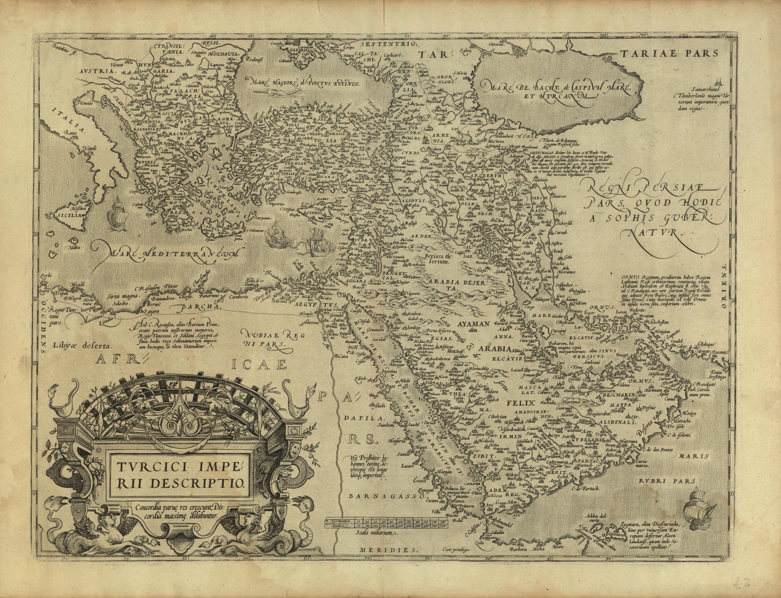 This old map of Representation of the Turkish Empire. (Turcici Imperii Descriptio) from 1579 was created by Giacomo Gastaldi, Abraham Ortelius in 1579