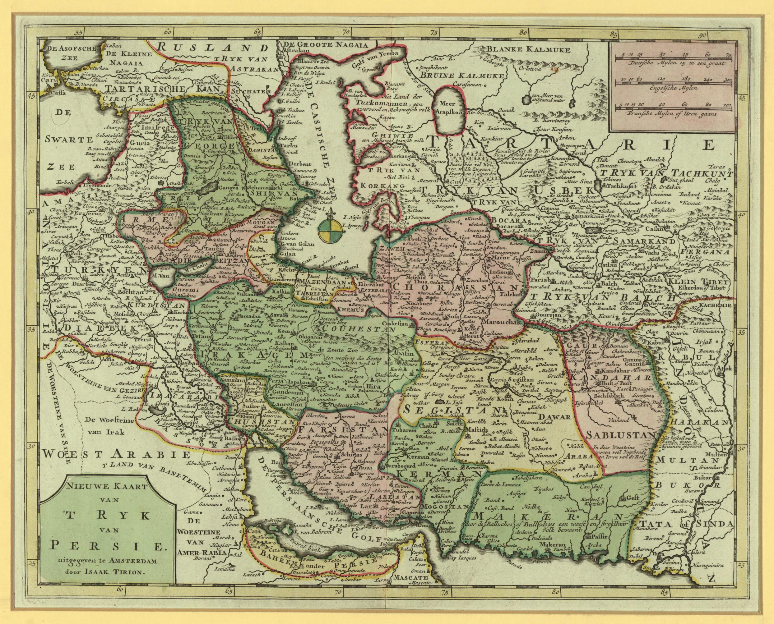 This old map of New Map of Persia. (Nieuwe Kaart Van Tryk Van Persie) from 1744 was created by Isaak Tirion in 1744
