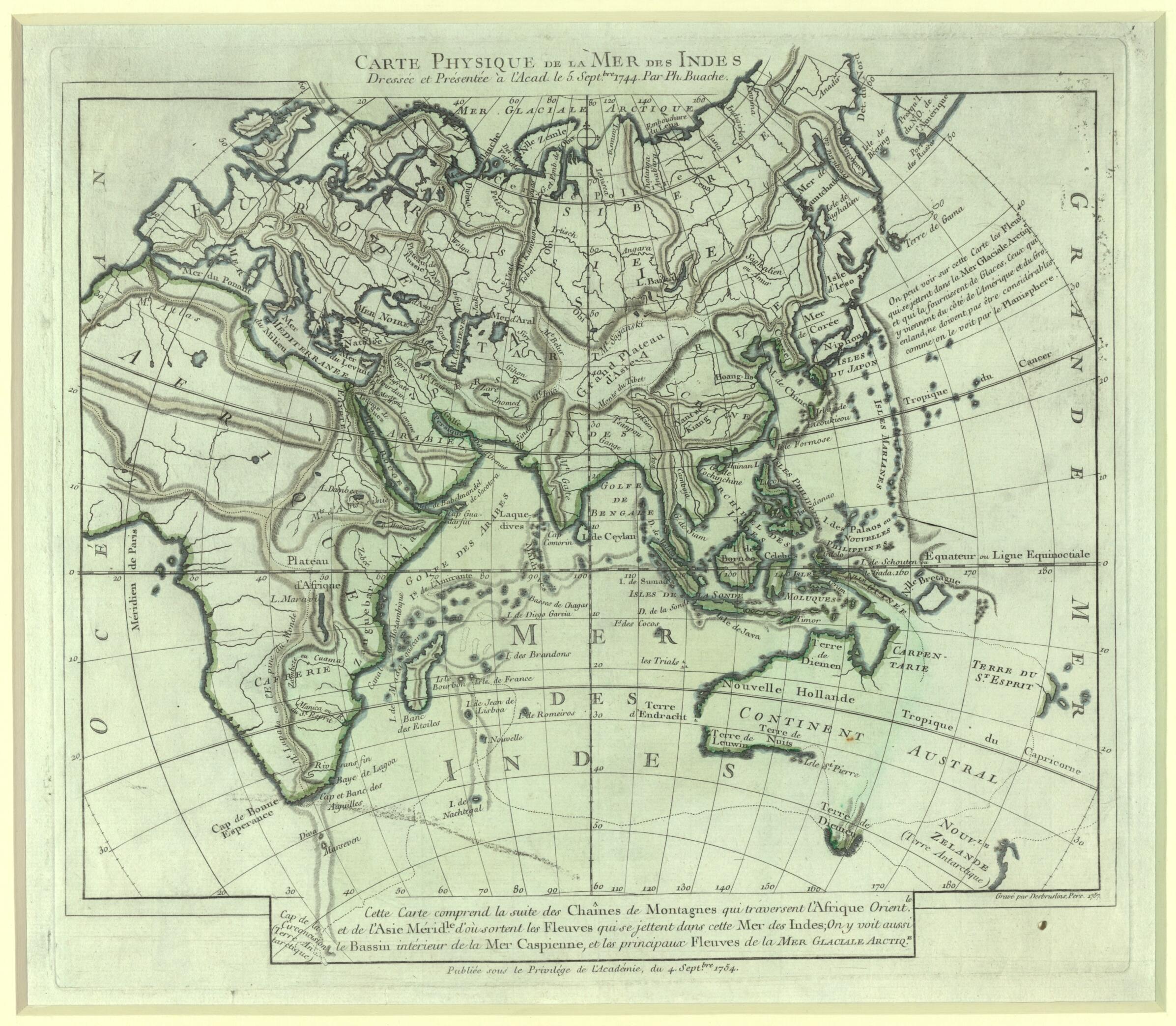This old map of Physical Map of the Indian Ocean. (Carte Physique De La Mer Des Indes) from 1757 was created by Philippe Buache, Active 18th Century Desbruslins in 1757