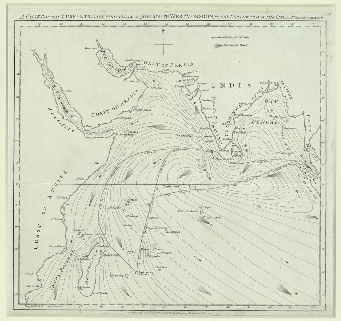 This old map of A Chart of the Currents In the Indian Sea During the Southwest Monsoon, to the Northward of the Line. (A Chart of the Currents In the Indian Sea During the Northeast Monsoon, to the Northward of the Line) from 1778 was created by Vicomte