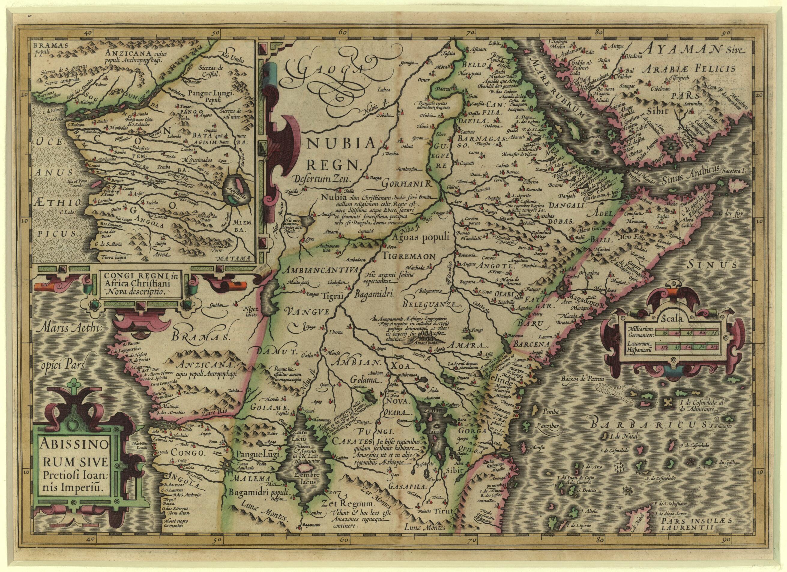 This old map of Abyssinia, Or the Empire of Prester John. (Abissinorum Sive Pretiosi Ioannis Imperiu) from 1619 was created by Jodocus Hondius, Gerhard Mercator in 1619