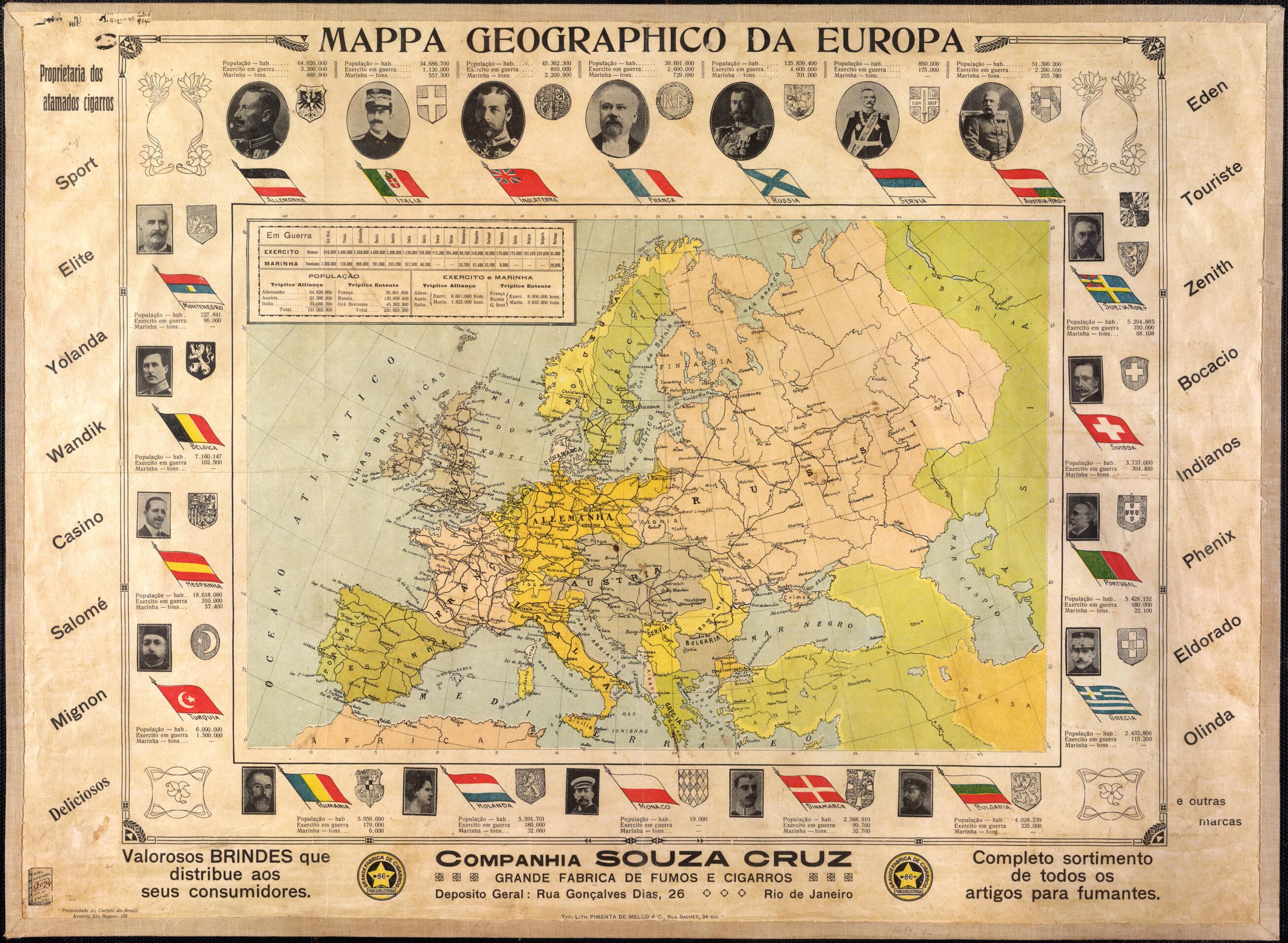 This old map of Geographic Map of Europe. (Mappa Geographico Da Europa) from 1914 was created by Companhia Souza Cruz Indústria E Comércio in 1914