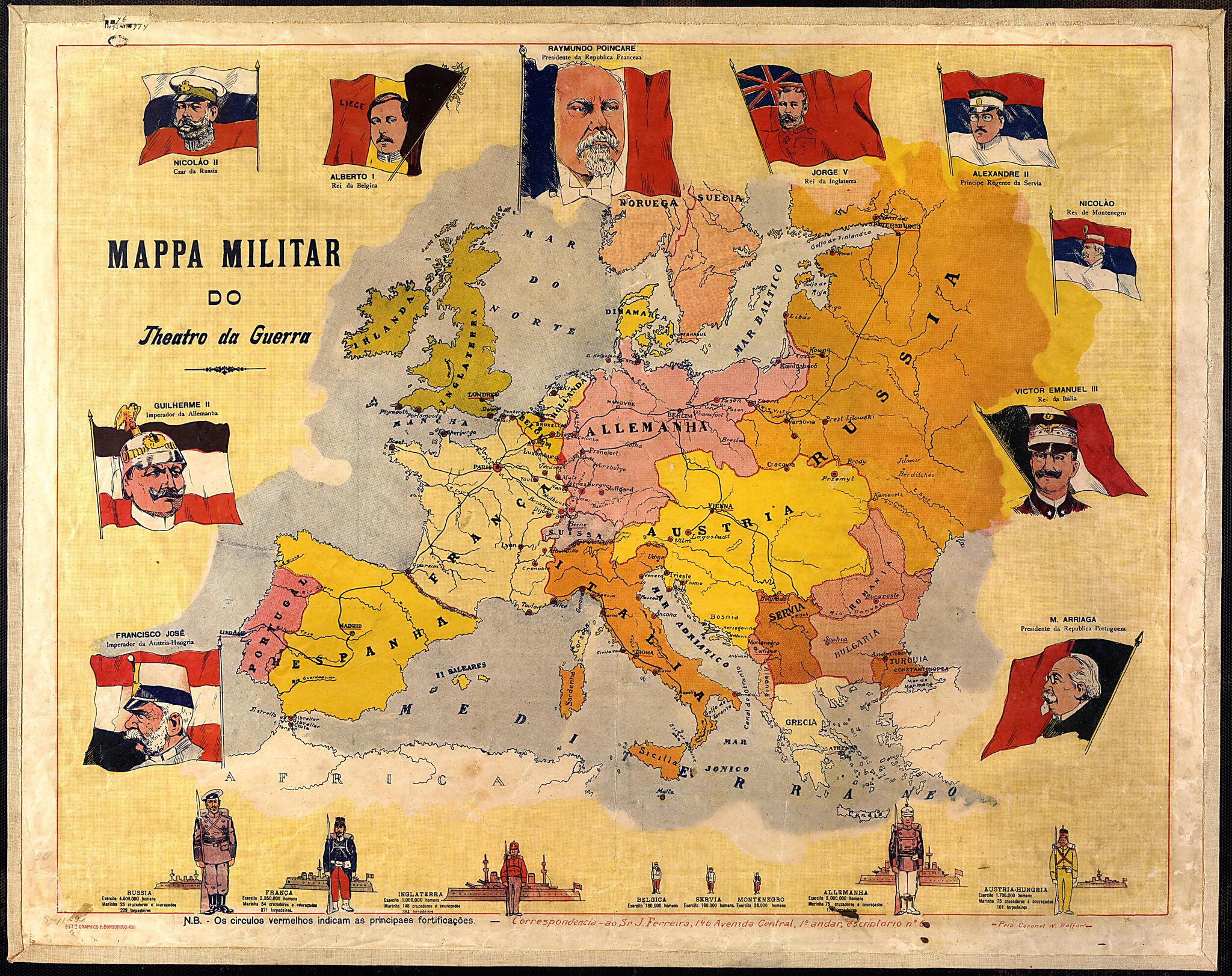 This old map of Military Map of the Theater of War. (Mappa Militar Do Theatro Da Guerra) from 1914 was created by W. Belfort, J. Ferreira in 1914
