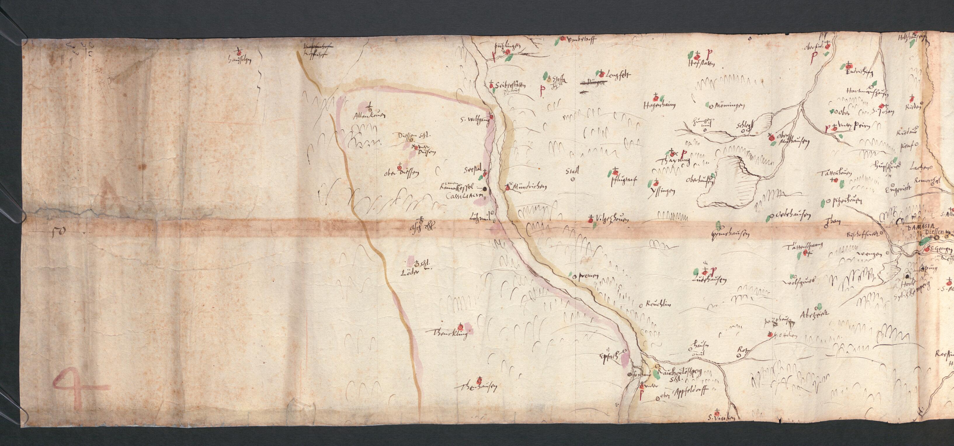 This old map of Sketches for the Great Map of Bavaria from 1563, Part 1. Topographical Map of Bavaria 47 Degrees 46 Minutes to 47 Degrees 54 Minutes North Latitude. (Vorzeichnungen Für Die Grosse Karte Bayerns Von 1563, Teil 1: Topographische Karte Von Bayern was created by Duke of Bavaria Albrecht V, Philippus Apianus in 1554