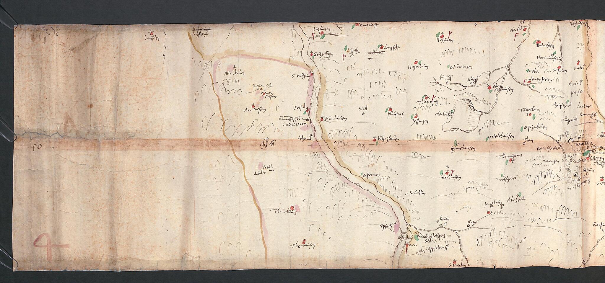This old map of Sketches for the Great Map of Bavaria from 1563, Part 1. Topographical Map of Bavaria 47 Degrees 46 Minutes to 47 Degrees 54 Minutes North Latitude. (Vorzeichnungen Für Die Grosse Karte Bayerns Von 1563, Teil 1: Topographische Karte Von