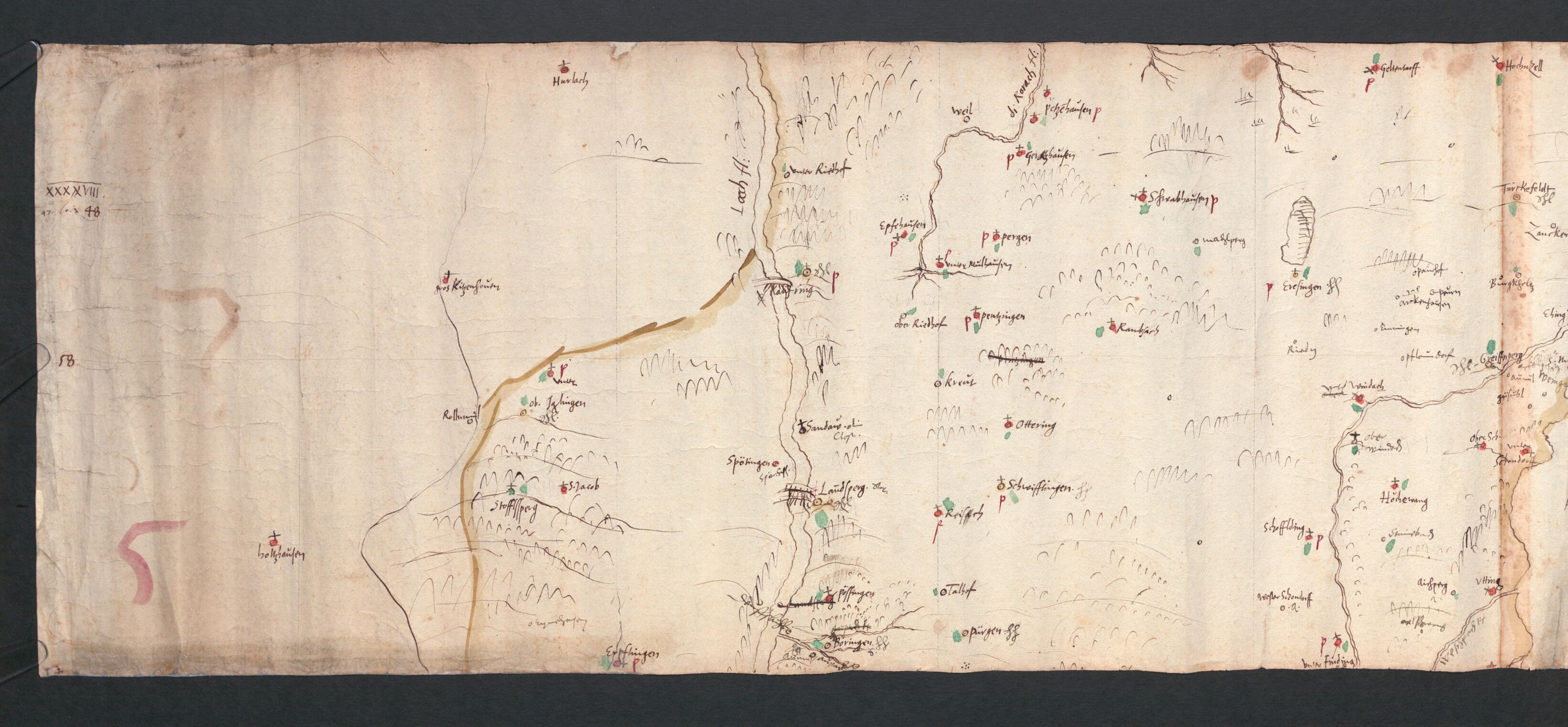 This old map of Sketches for the Great Map of Bavaria from 1563, Part 2. Topographical Map of Bavaria 47 Degrees 54 Minutes to 48 Degrees 2 Minutes North Latitude. (Vorzeichnungen Für Die Grosse Karte Bayerns Von 1563, Teil 2: Topographische Karte Von B