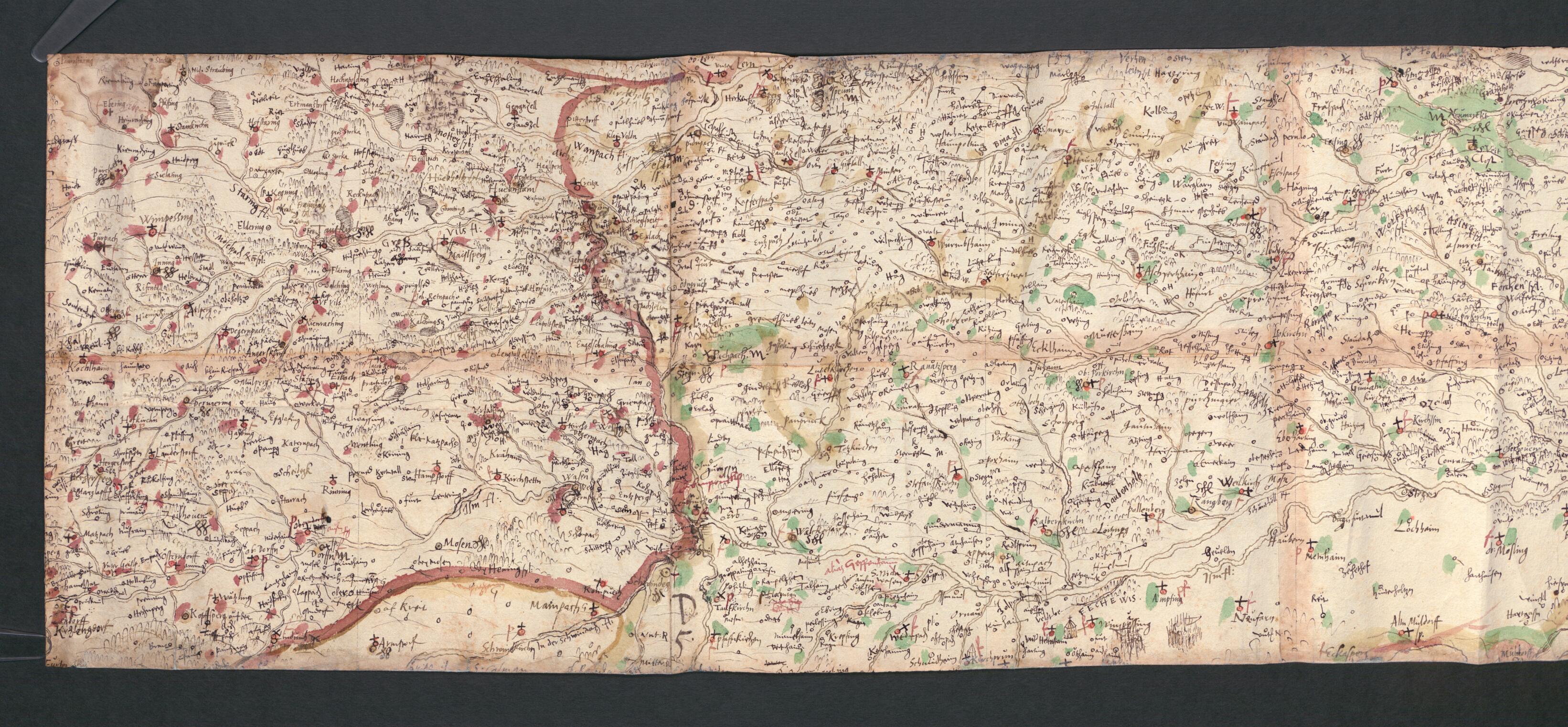 This old map of Sketches for the Great Map of Bavaria from 1563, Part 4. Topographical Map of Bavaria 48 Degrees 15 Minutes to 48 Degrees 18 Minutes North Latitude. (Vorzeichnungen Für Die Grosse Karte Bayerns Von 1563, Teil 4: Topographische Karte Von