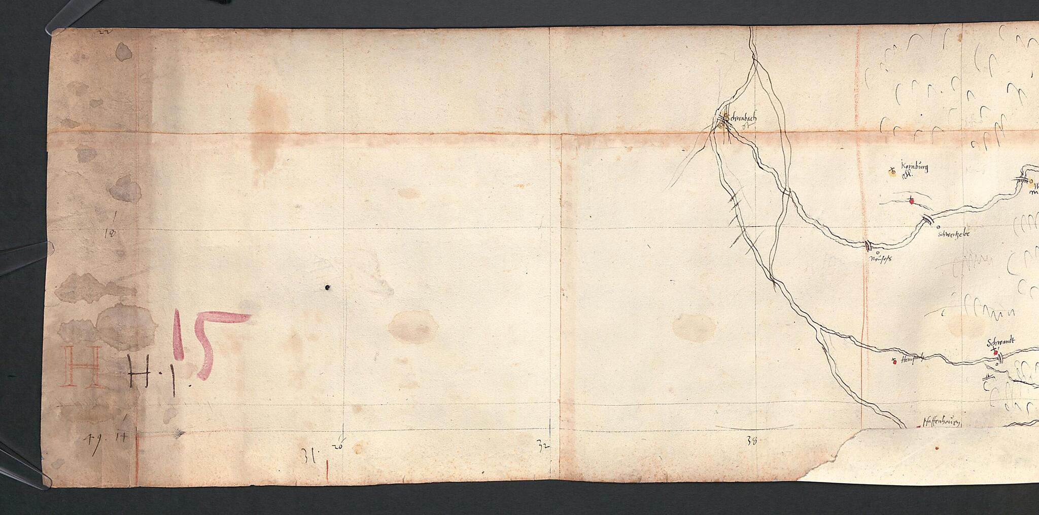 This old map of Sketches for the Great Map of Bavaria from 1563, Part 5. Topographical Map of Bavaria 49 Degrees 14 Minutes to 49 Degrees 18 Minutes North Latitude. (Vorzeichnungen Für Die Grosse Karte Bayerns Von 1563, Teil 5: Topographische Karte Von