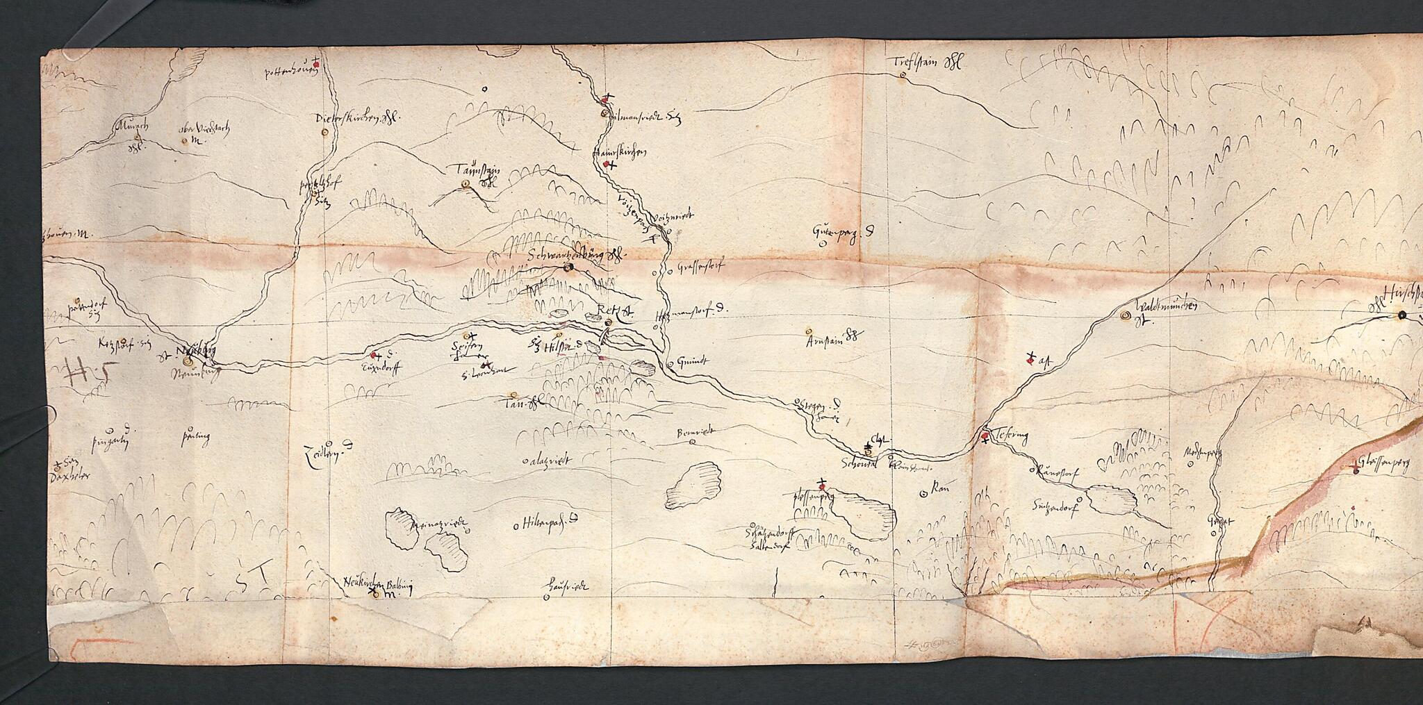 This old map of Sketches for the Great Map of Bavaria from 1563, Part 6. Topographical Map of Bavaria 49 Degrees 19 Minutes to 49 Degrees 22 Minutes North Latitude. (Vorzeichnungen Für Die Grosse Karte Bayerns Von 1563, Teil 6: Topographische Karte Von