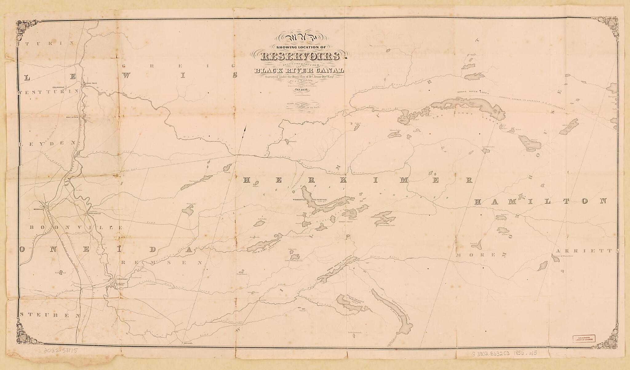 This old map of Map Showing the Location of Reservoirs Being Constructed for Black River Canal from 1856 was created by J. E. Willard in 1856