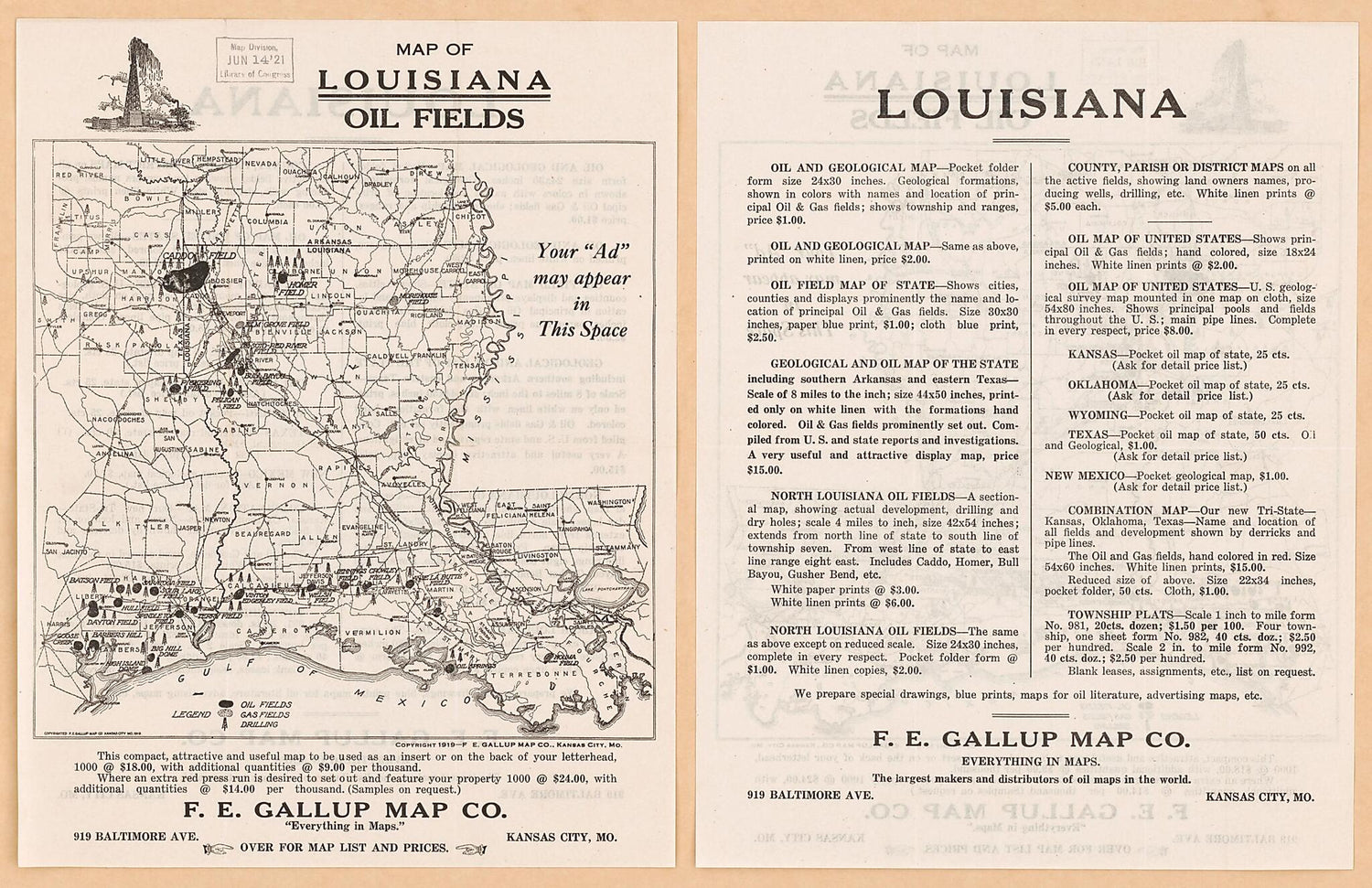 This old map of Map of Louisiana Oil Fields from 1919 was created by  F. E. Gallup Map Co in 1919