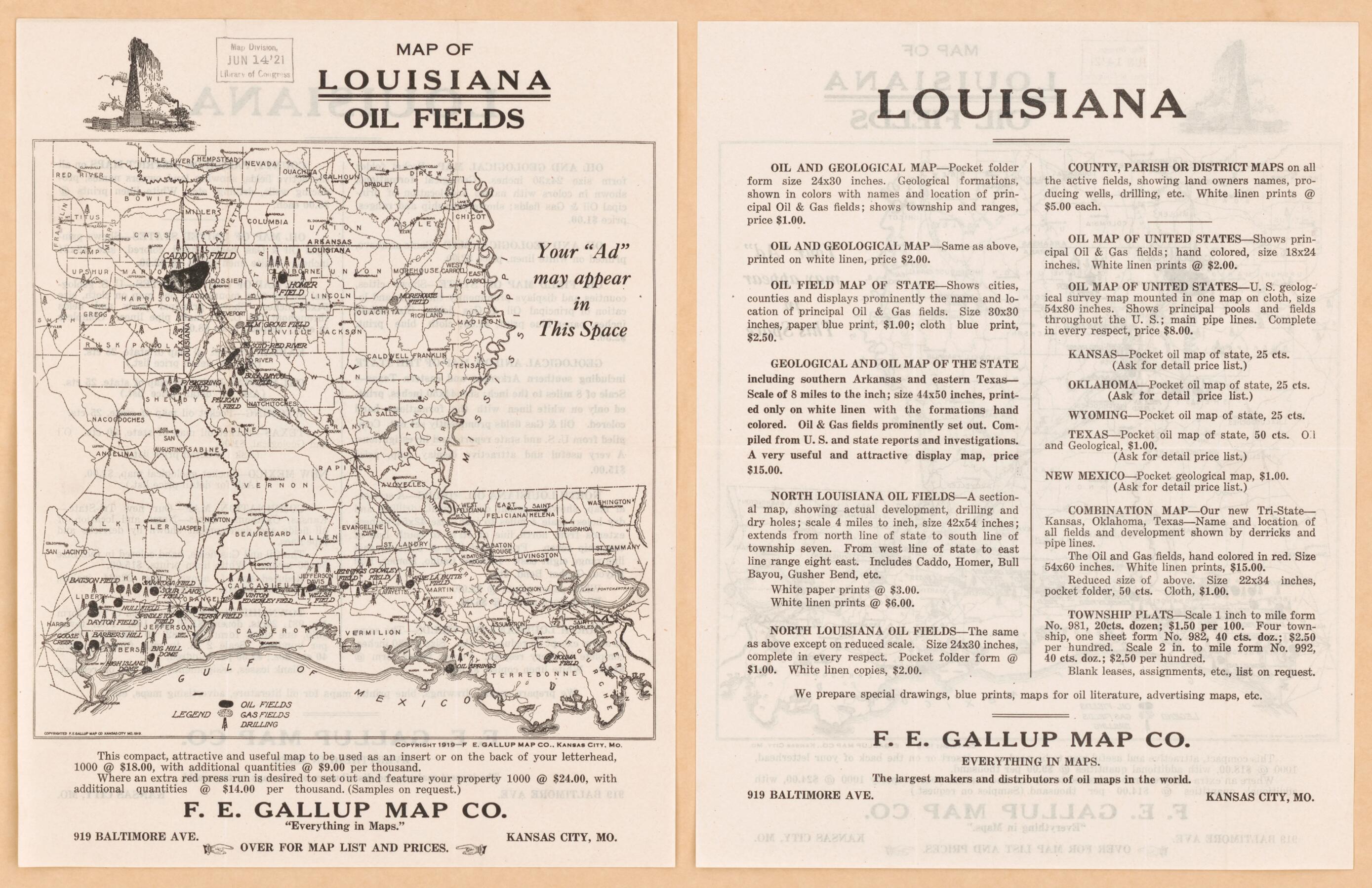 This old map of Map of Louisiana Oil Fields from 1919 was created by  F. E. Gallup Map Co in 1919