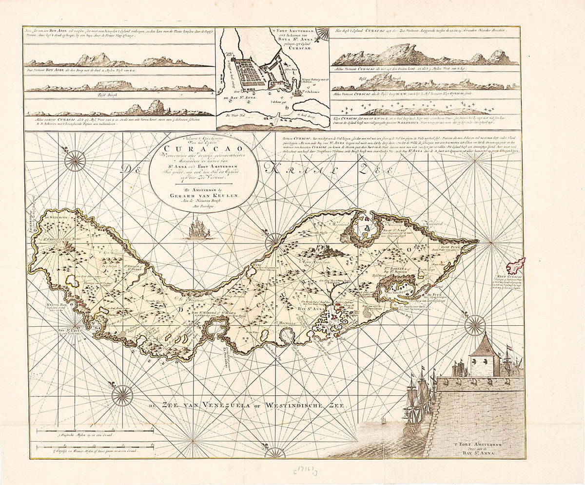Nieuwe Afteekening Van Het Eyland Curacao Vertoonende Alle Desfelfs Gelecgentheeden Mitsgaders De Haven Van St. Anna En&