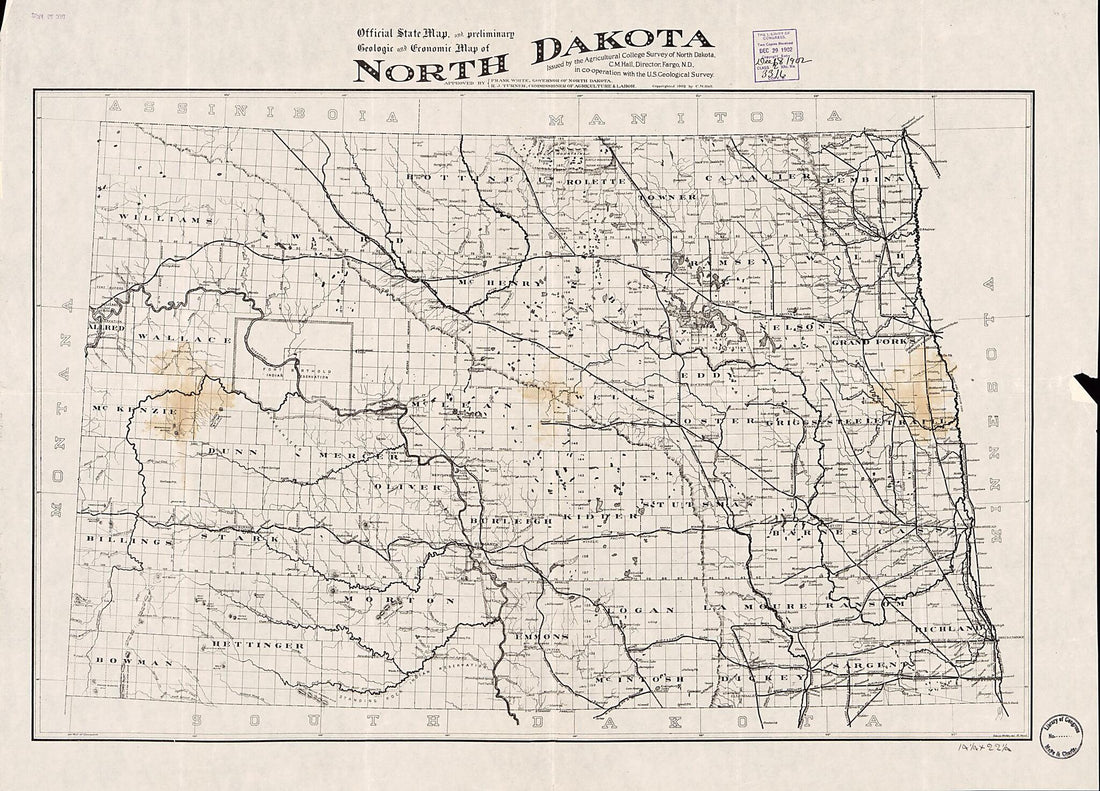 This old map of Official State Map, and Preliminary Geologic and Economic Map of North Dakota (North Dakota) from 1902 was created by Geological Survey (U.S.), Charles M. (Charles Monroe) Hall, North Dakota Agricultural College in 1902