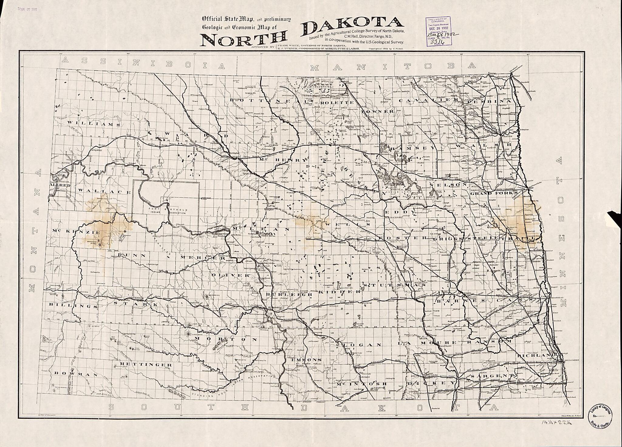 This old map of Official State Map, and Preliminary Geologic and Economic Map of North Dakota (North Dakota) from 1902 was created by Geological Survey (U.S.), Charles M. (Charles Monroe) Hall, North Dakota Agricultural College in 1902