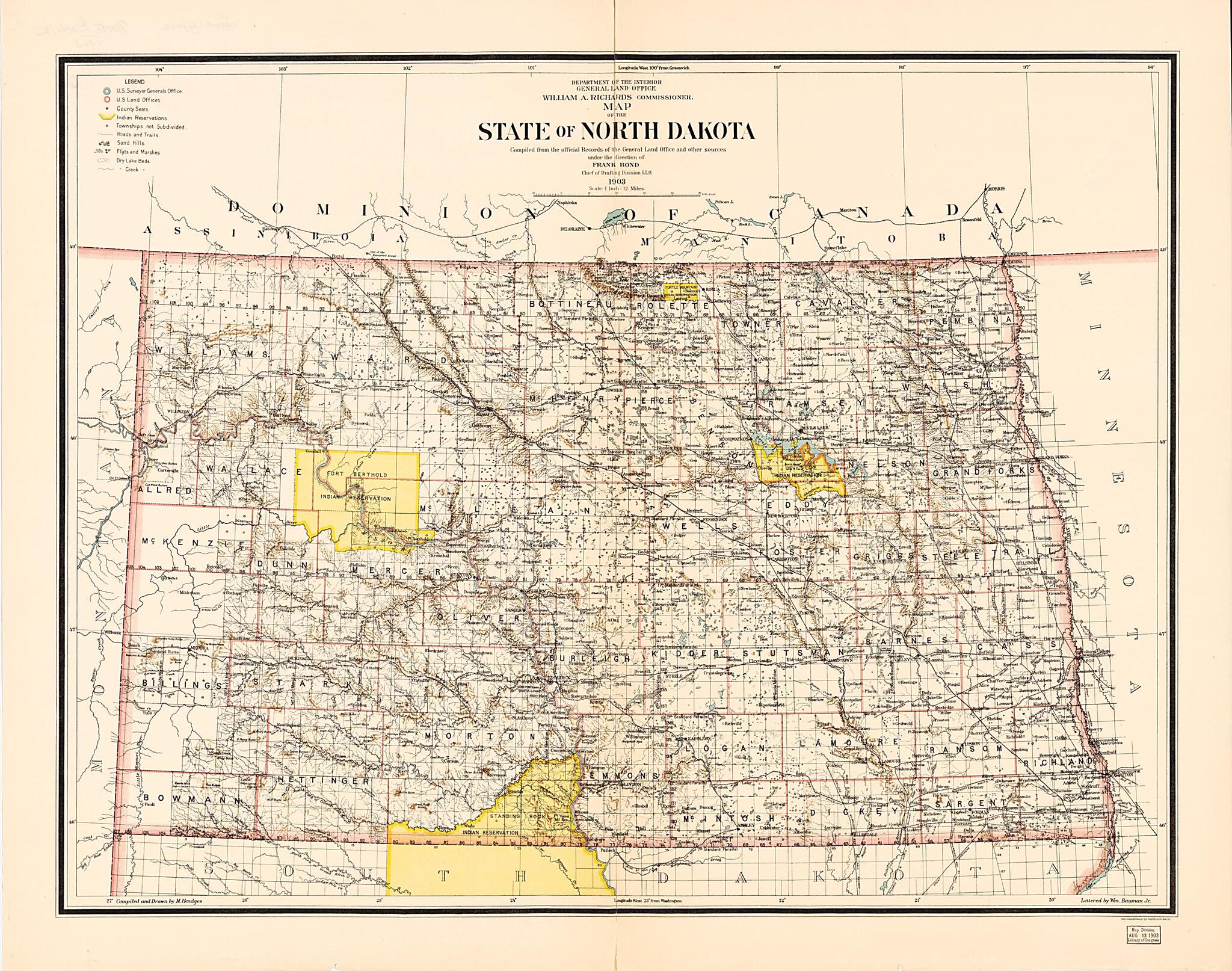 This old map of Map of the State of North Dakota (State of North Dakota) from 1903 was created by Wm. (William) Bauman, Frank Bond, M. Hendges, William A. (William Alford) Richards, United States. General Land Office in 1903