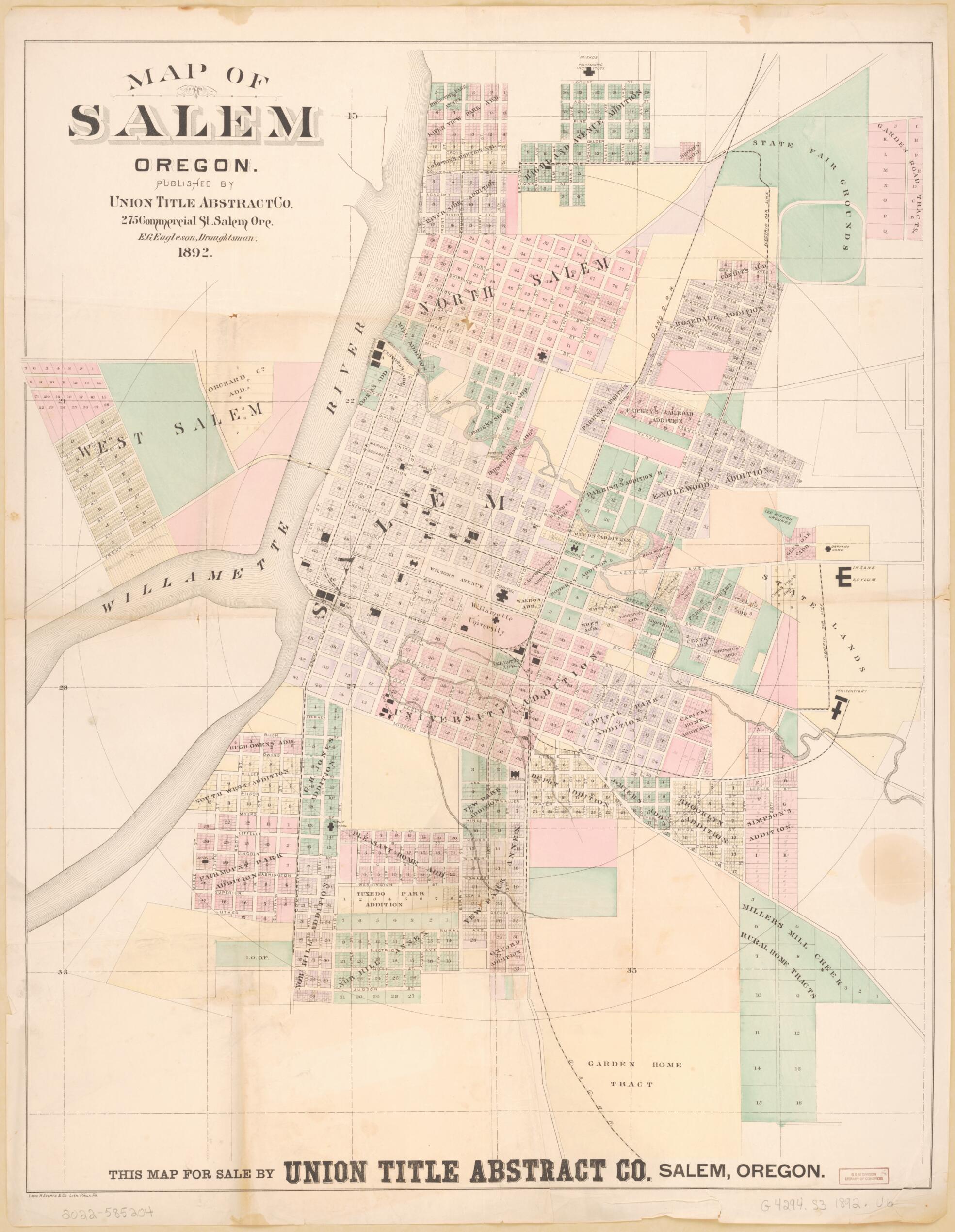 This old map of Map of Salem Oregon from 1892 was created by Union Title Abstract Co in 1892