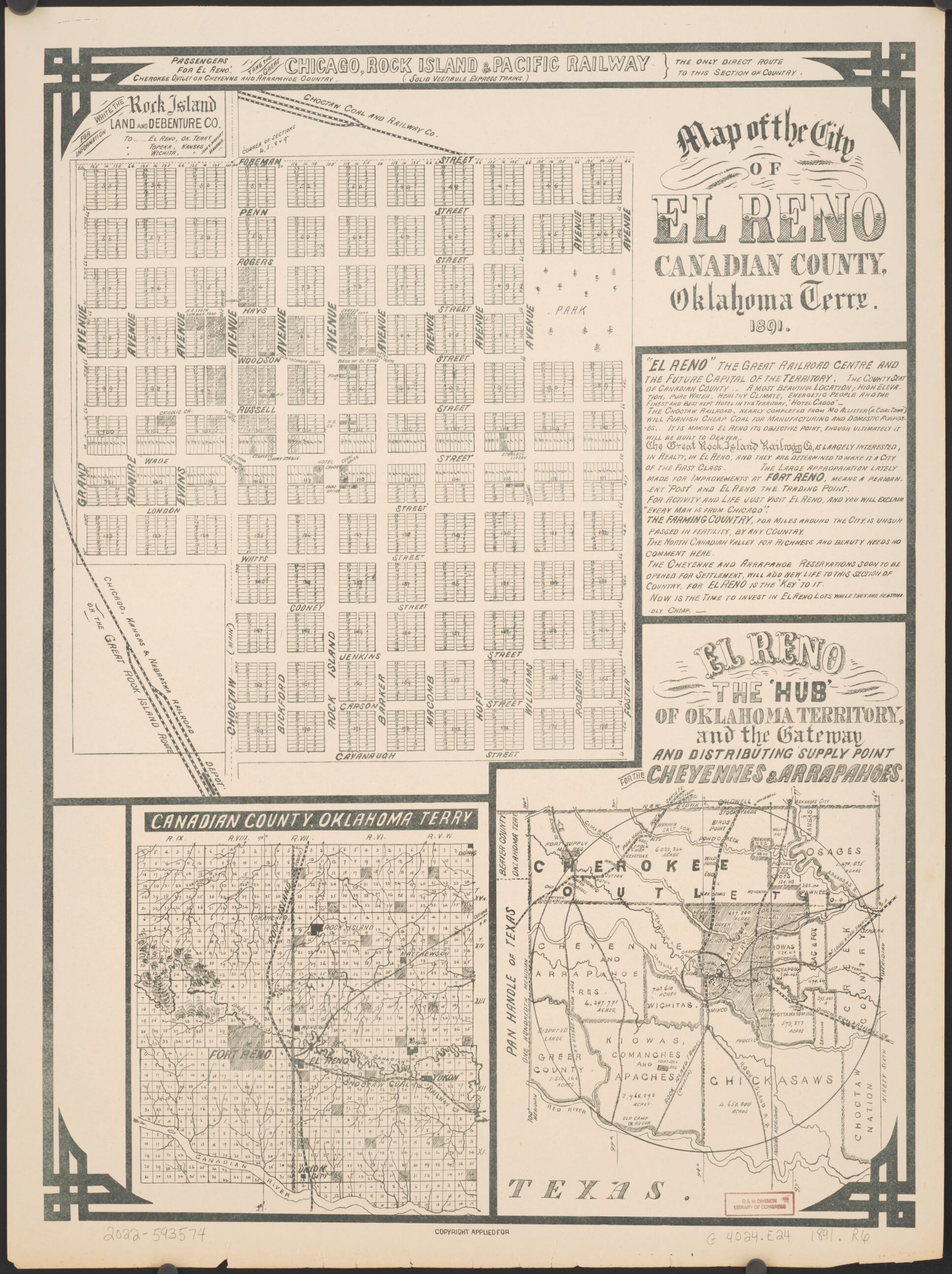 This old map of Map of the City of El Reno, Canadian County, Oklahoma Terry. from 1891 was created by Rock Island Land and Debenture Co in 1891