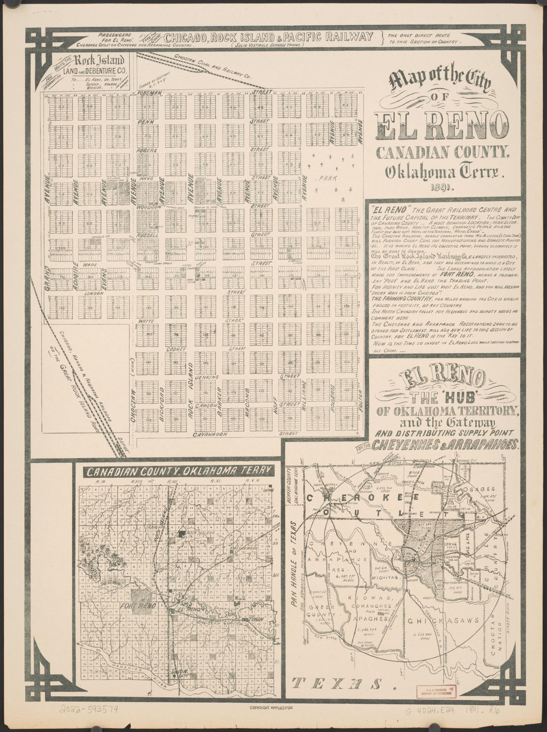 This old map of Map of the City of El Reno, Canadian County, Oklahoma Terry. from 1891 was created by Rock Island Land and Debenture Co in 1891