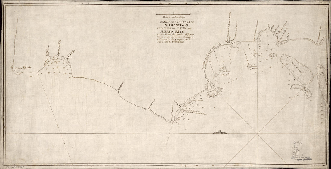 This old map of Plano De La Aguada De St. Francisco En La Ysla De St. Iuan De Puerto Rico. Las Dos Linias De Carmin El Punto Donde Se Juntaren Es El Desecheo a Distancia De 4 Leguas De La Punta De St. Francisco from 1740 was created by Francisco Mathias