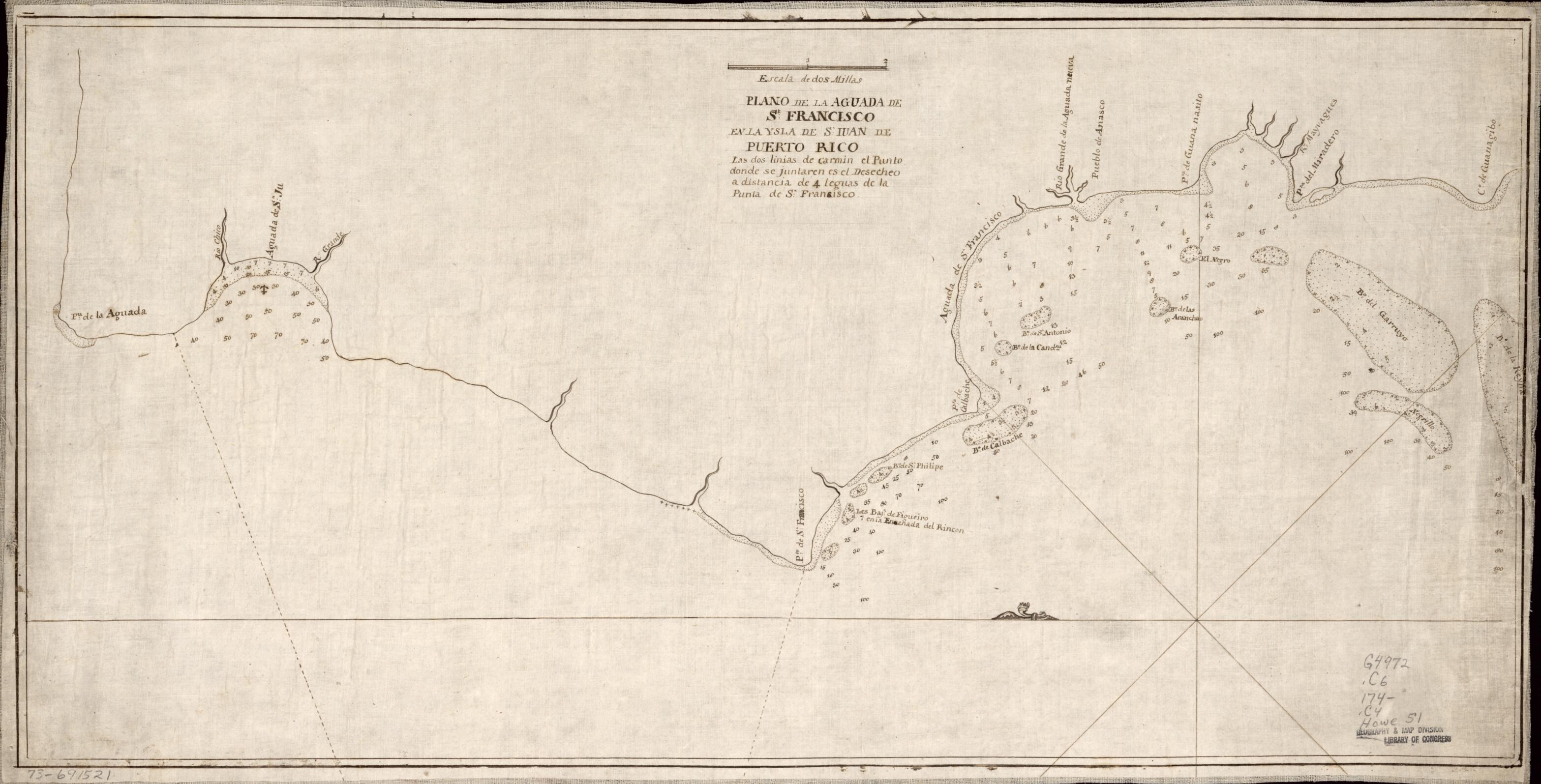 This old map of Plano De La Aguada De St. Francisco En La Ysla De St. Iuan De Puerto Rico. Las Dos Linias De Carmin El Punto Donde Se Juntaren Es El Desecheo a Distancia De 4 Leguas De La Punta De St. Francisco from 1740 was created by Francisco Mathias