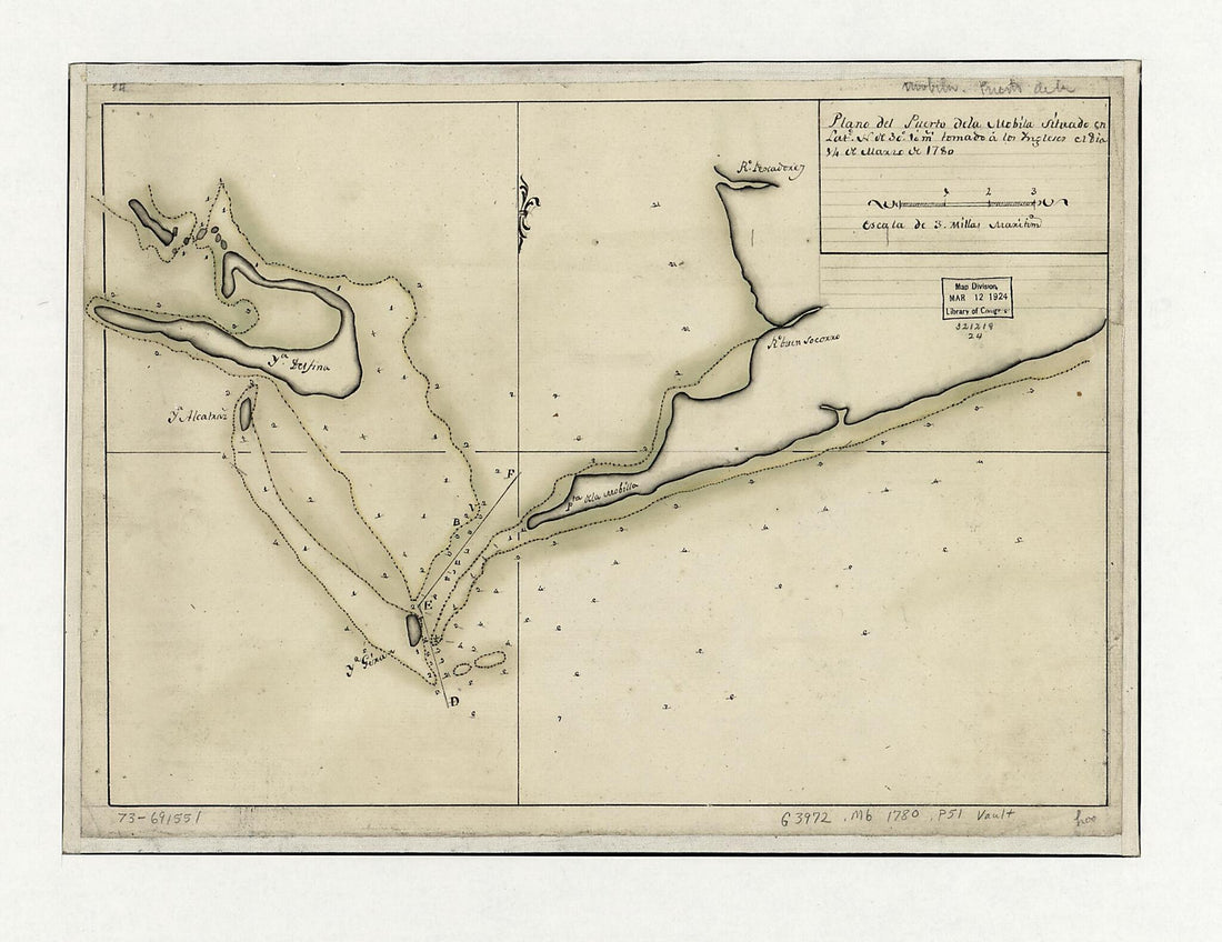 This old map of Plano Del Puerto De La Mobila Situado En Latd. No. De 30⁰ 10ʹ M. Tomado á Los Ingleses El Dia 14 De Marzo De from 1780 was created by in 1780