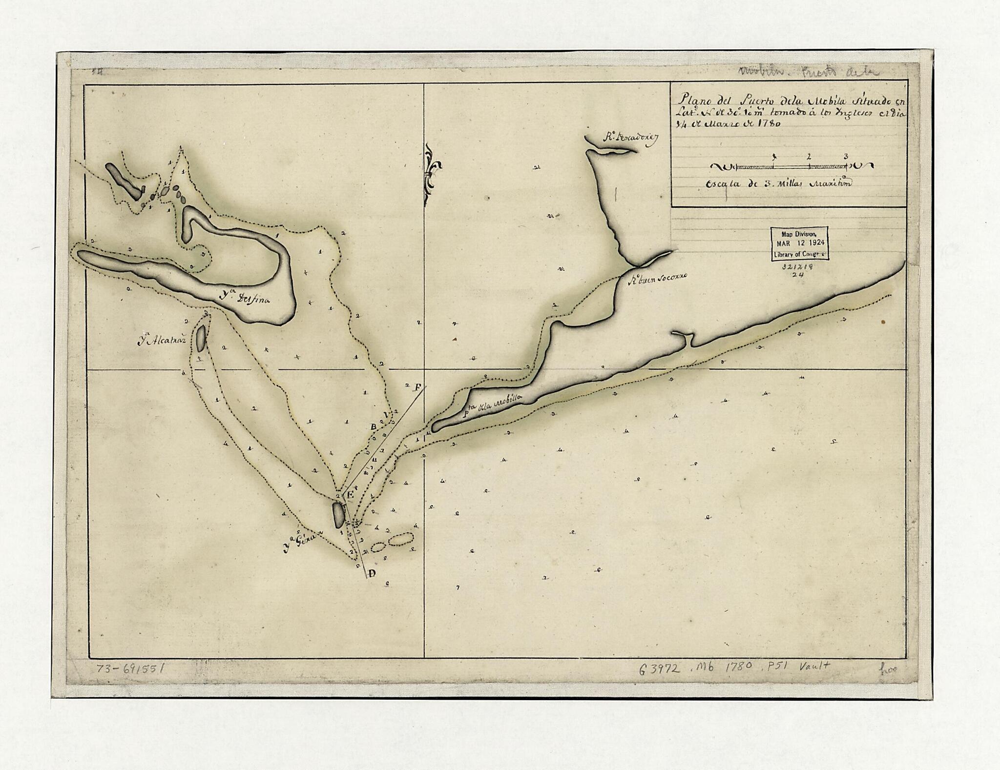 This old map of Plano Del Puerto De La Mobila Situado En Latd. No. De 30⁰ 10ʹ M. Tomado á Los Ingleses El Dia 14 De Marzo De from 1780 was created by in 1780