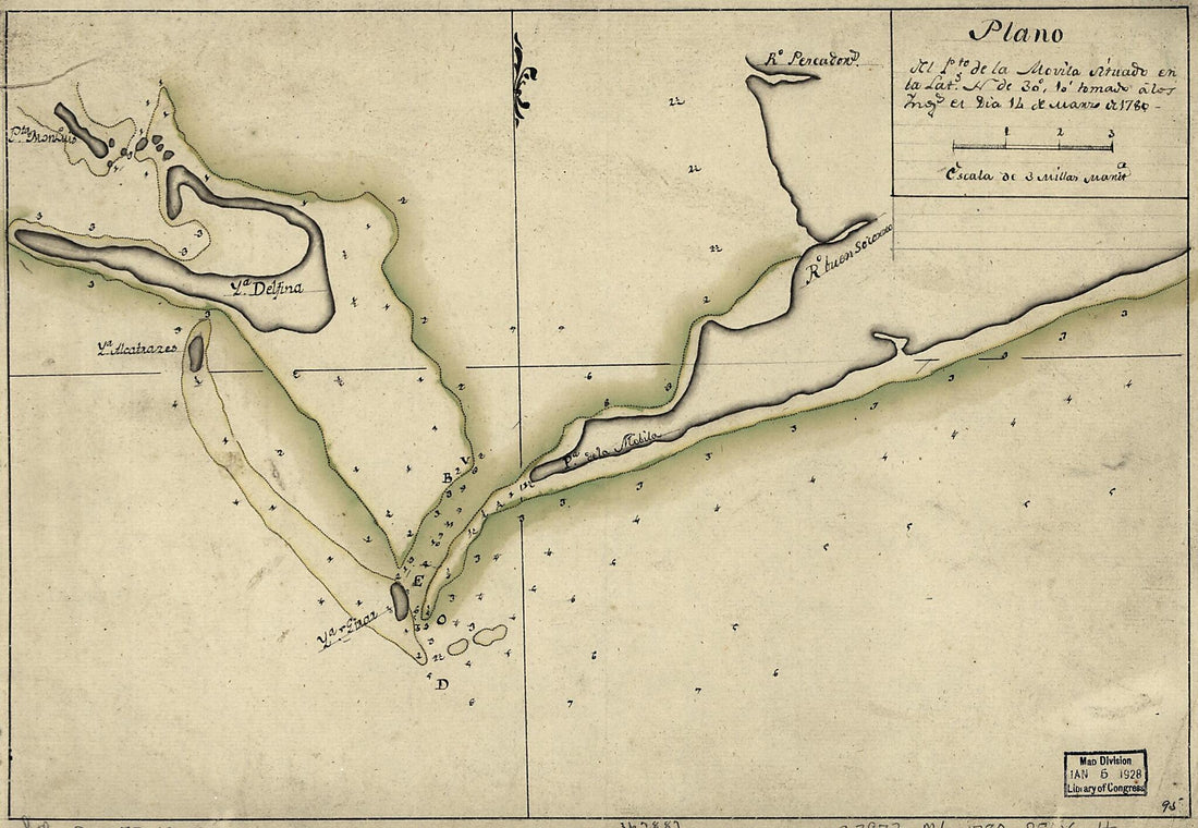 This old map of Plano Del Pto. De La Movila Situado En La Latd. N. De 30⁰ 10ʹ Tomado á Los Ings., El Día 14 De Marzo De from 1780 was created by in 1780