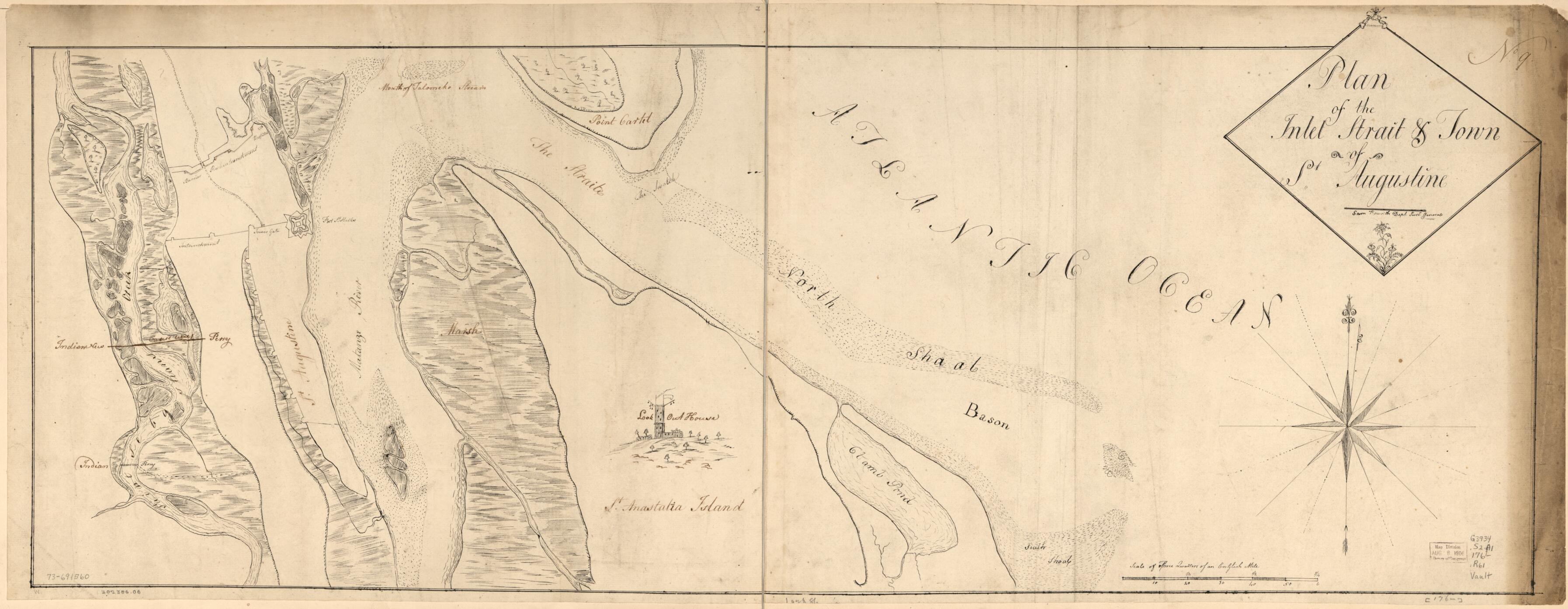 This old map of Plan of the Inlet, Strait, & Town of St. Augustine from 1760 was created by Sam Roworth in 1760
