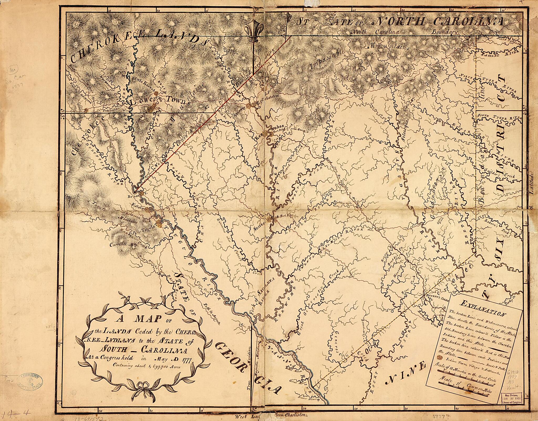 This old map of Carolina at a Congress Held In May, A.D. from 1777; Containing About 1,697,700 Acres was created by in 1777
