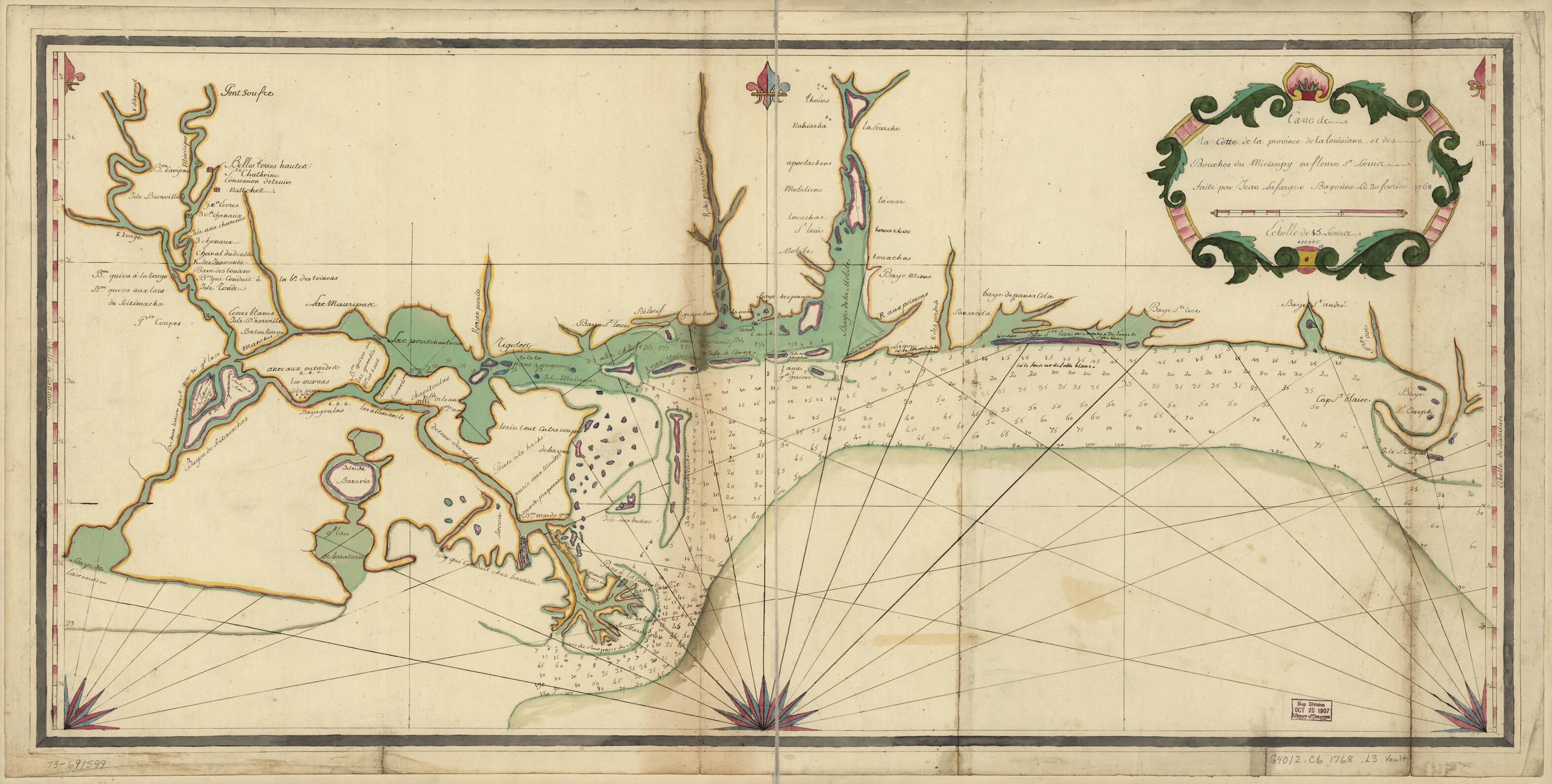 This old map of Carte De La Coste De La Province De La Louisiane Et Des Bouches Du Micissipy Ou Fleuve St. Louis from 1768 was created by Jean Lefargue in 1768