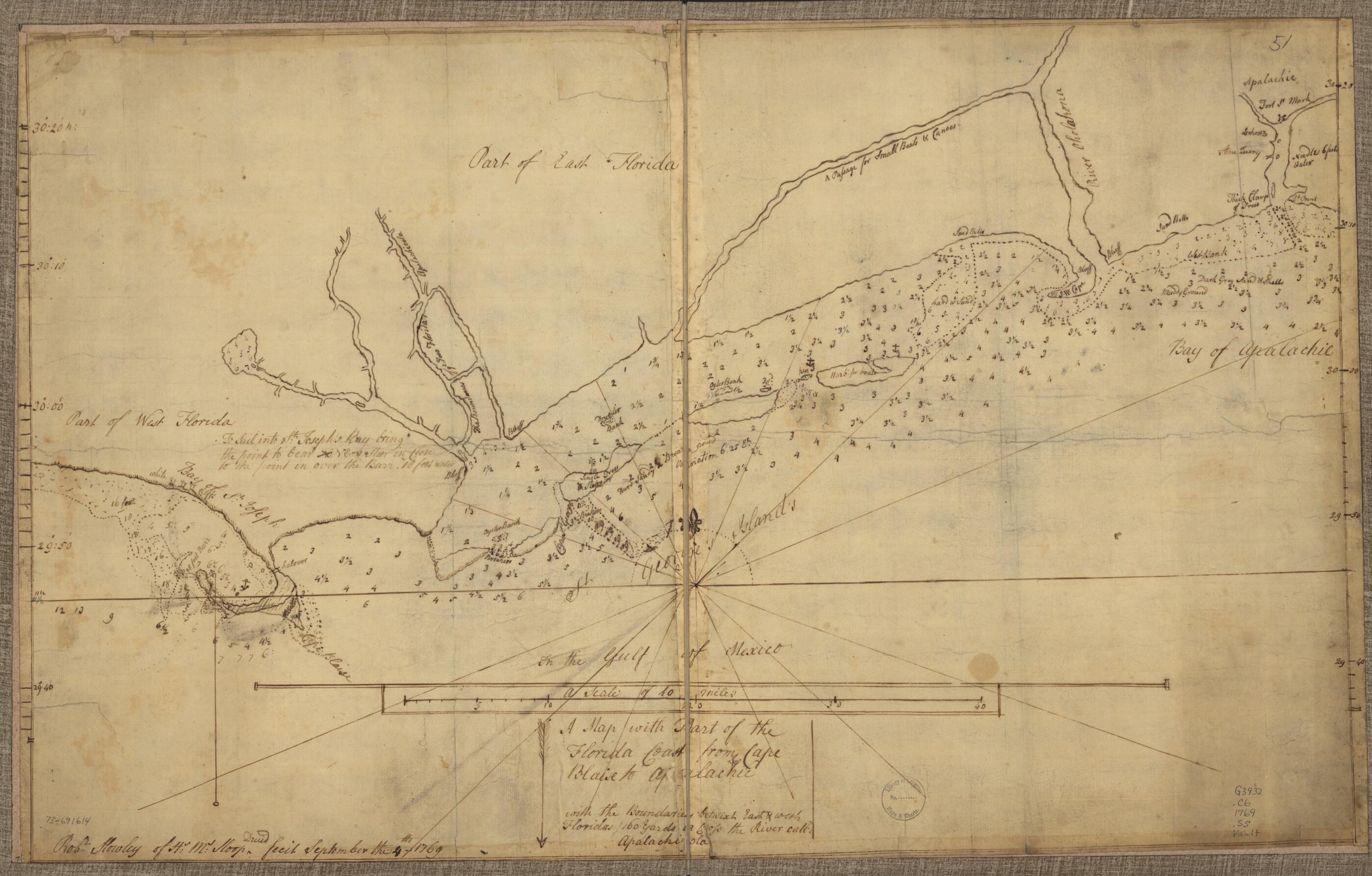 This old map of A Map With Part of the Florida Coast from Cape Blaise to Apalachie; With the Boundaries Betwixt East & West Floridas, 160 Yards Across the River Call&