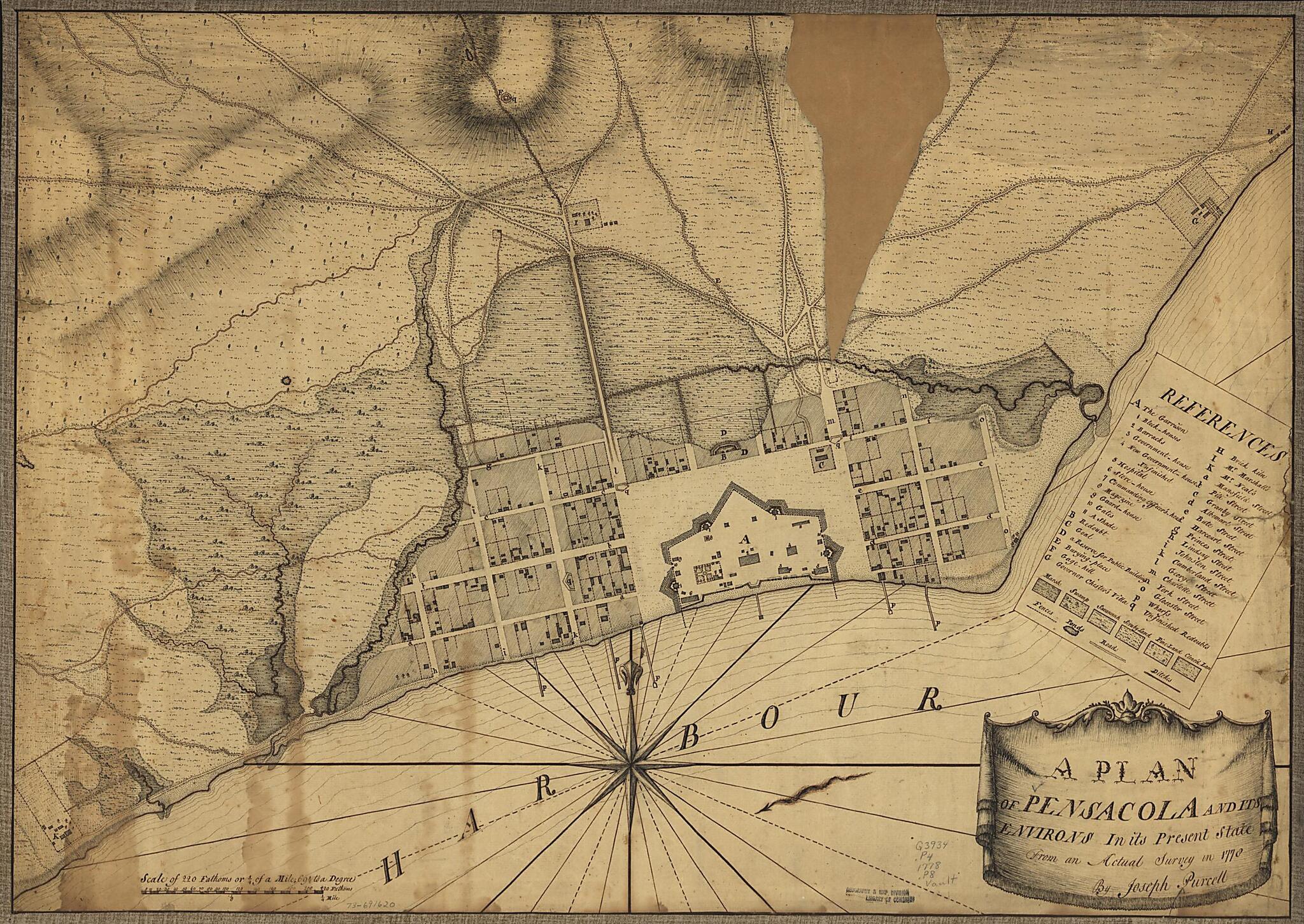 This old map of A Plan of Pensacola and Its Environs In Its Present State, from an Actual Survey In from 1778 was created by Joseph Purcell in 1778