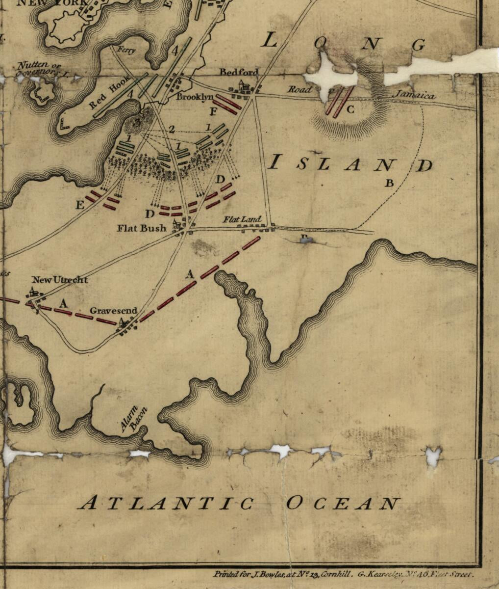 This old map of Plan of the Attack On the Provincial Army On Long Island, August 27th from 1776. With the Draughts of New York Island, Staten Island, and the Adjacent Part of the Continent was created by John Bowles in 1776