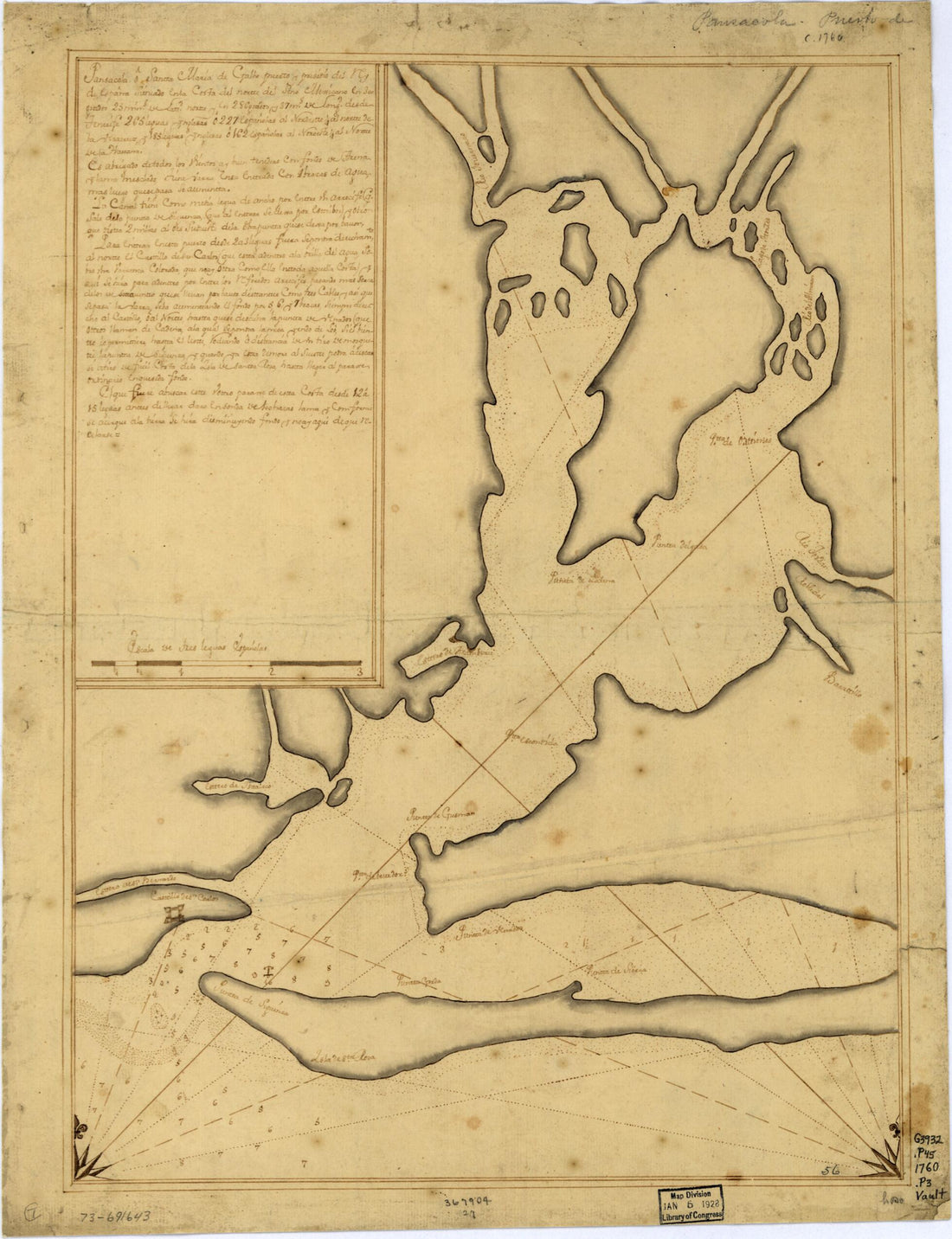 This old map of Pansacola O Santta María De Galbe, Puerto Y Presidio Del Ry. De España Situado En La Costa Del Nortte Del Seno Mexicano, Los 30 Grados 25 Mins. De Lattd. Nortte Y Los 286 Grados Y 37 Ms. De Longd. Desde Tenerife 265 Leguas Inglesas O 22