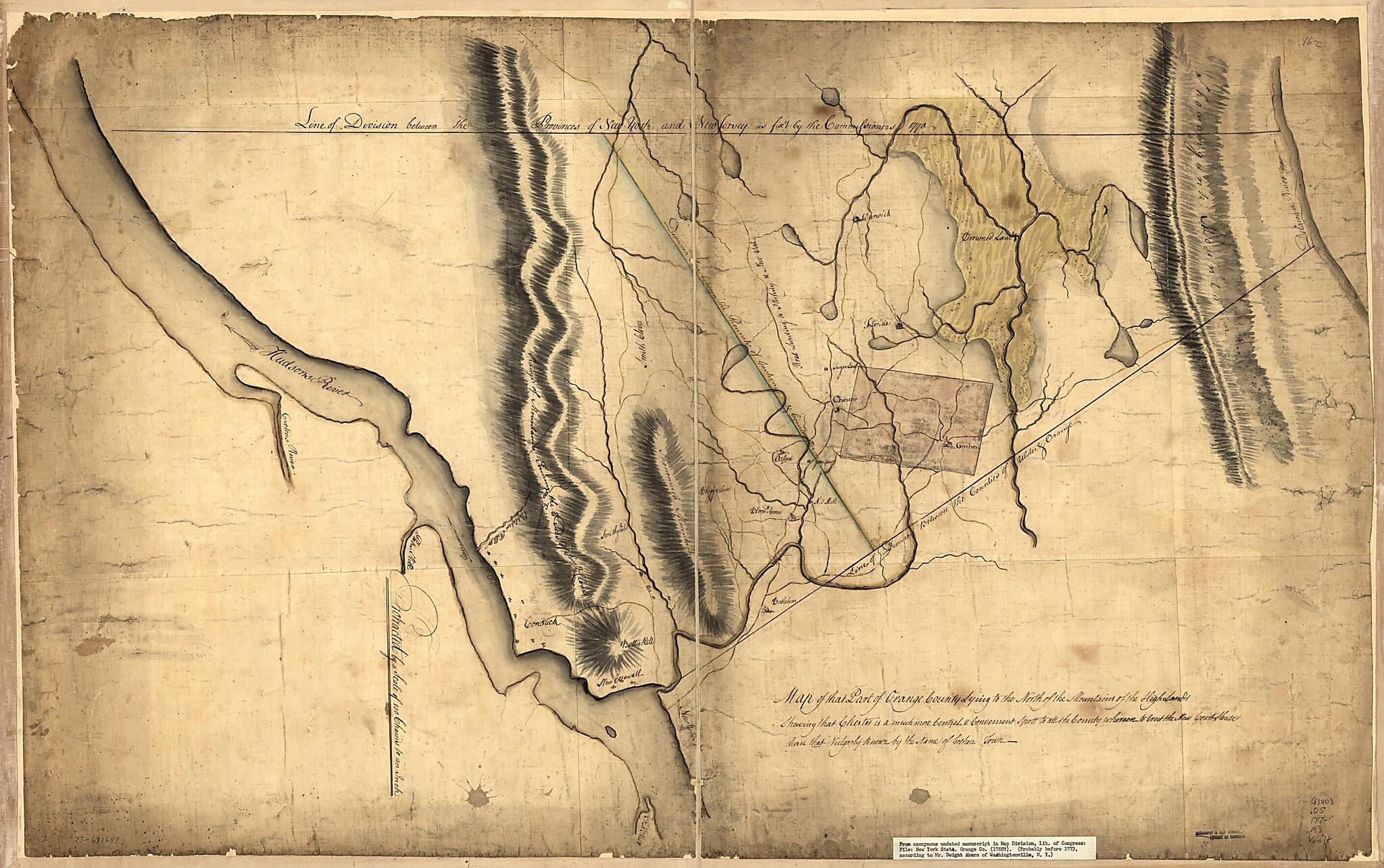 This old map of Map of That Part of Orange County Lying to the North of the Mountains of the Highlands Shewing That Chester Is a Much More Central & Convenient Spott to All the Country Whereon to Erect the New Court House Than That Vulgarly Known by the