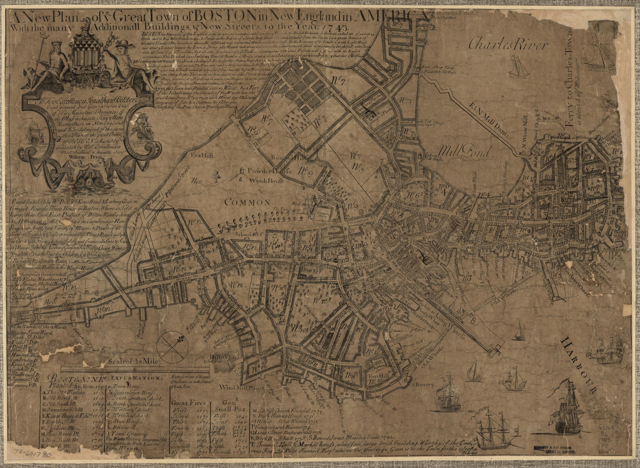 This old map of A New Plan of Ye Great Town of Boston In New England In America With the Many Additionall Buildings & New Streets to the Year from 1743 was created by William Price in 1743