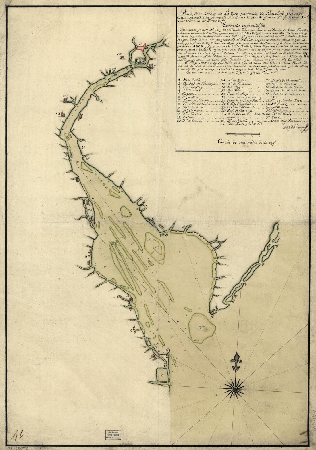 This old map of Plano De La Bahia De La Ware Y Entrada De Filadelfie from 1780 was created by Josef Del Campo in 1780