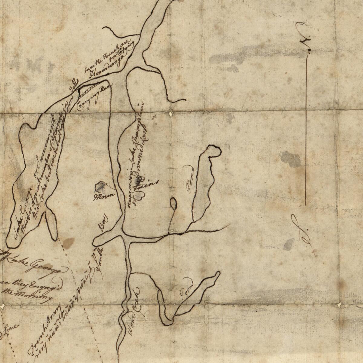 This old map of Fort Edward to Crown Point from 1755 was created by Jean Hermant Dieskau in 1755