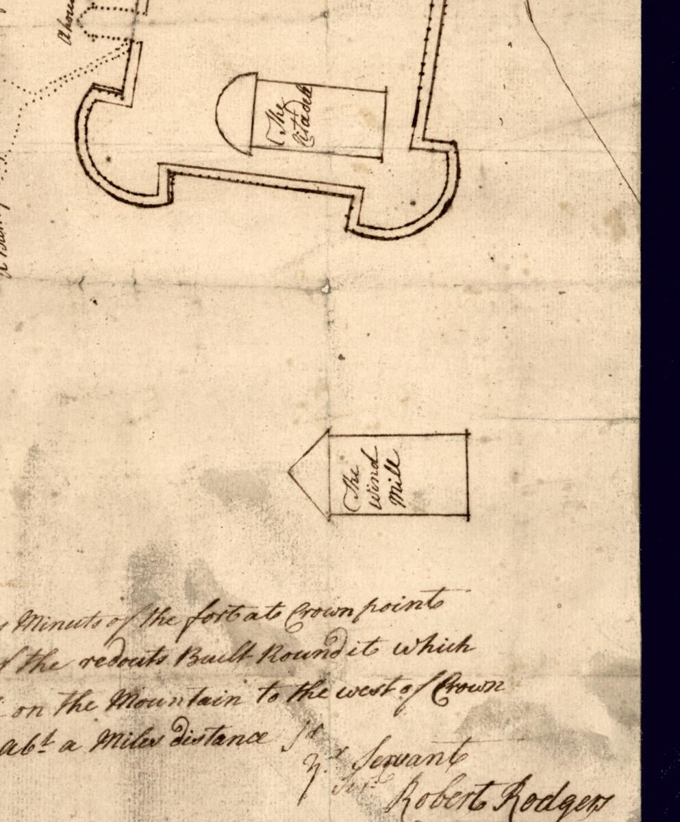 This old map of Sir: This Is Minuts of the Fort at Crown Point and of the Redouts Built Round It; Which I Took On the Mountain to the West of Crown Point Abt. a Miles Distance from 1755 was created by William Johnson, Robert Rogers in 1755