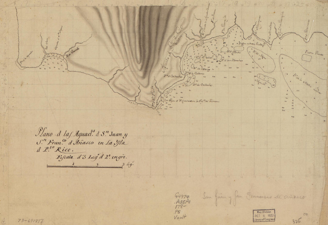 This old map of Plano D. Las Aguads. D. Sn. Juan Y Sn. Franco. D. Añasco En La Ysla D. Pto. Rico from 1780 was created by in 1780