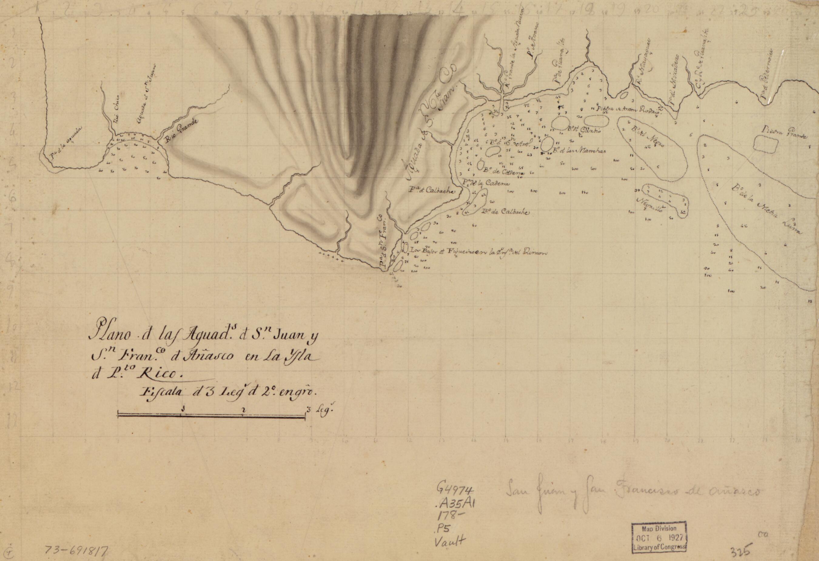 This old map of Plano D. Las Aguads. D. Sn. Juan Y Sn. Franco. D. Añasco En La Ysla D. Pto. Rico from 1780 was created by in 1780