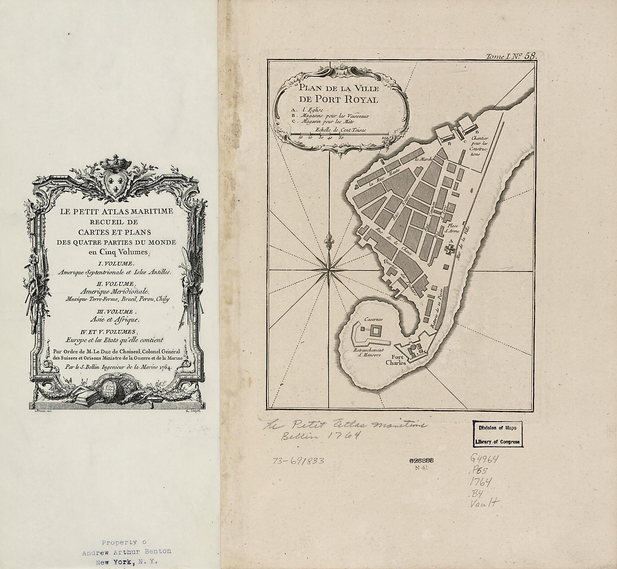 This old map of Plan De La Ville De Port Royal from 1764 was created by Jacques Nicolas Bellin in 1764